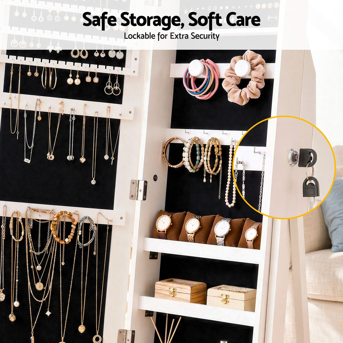 Artiss Lockable Jewelry Armoire with Mirror, Freestanding Organizer Cabinet with Drawers, White