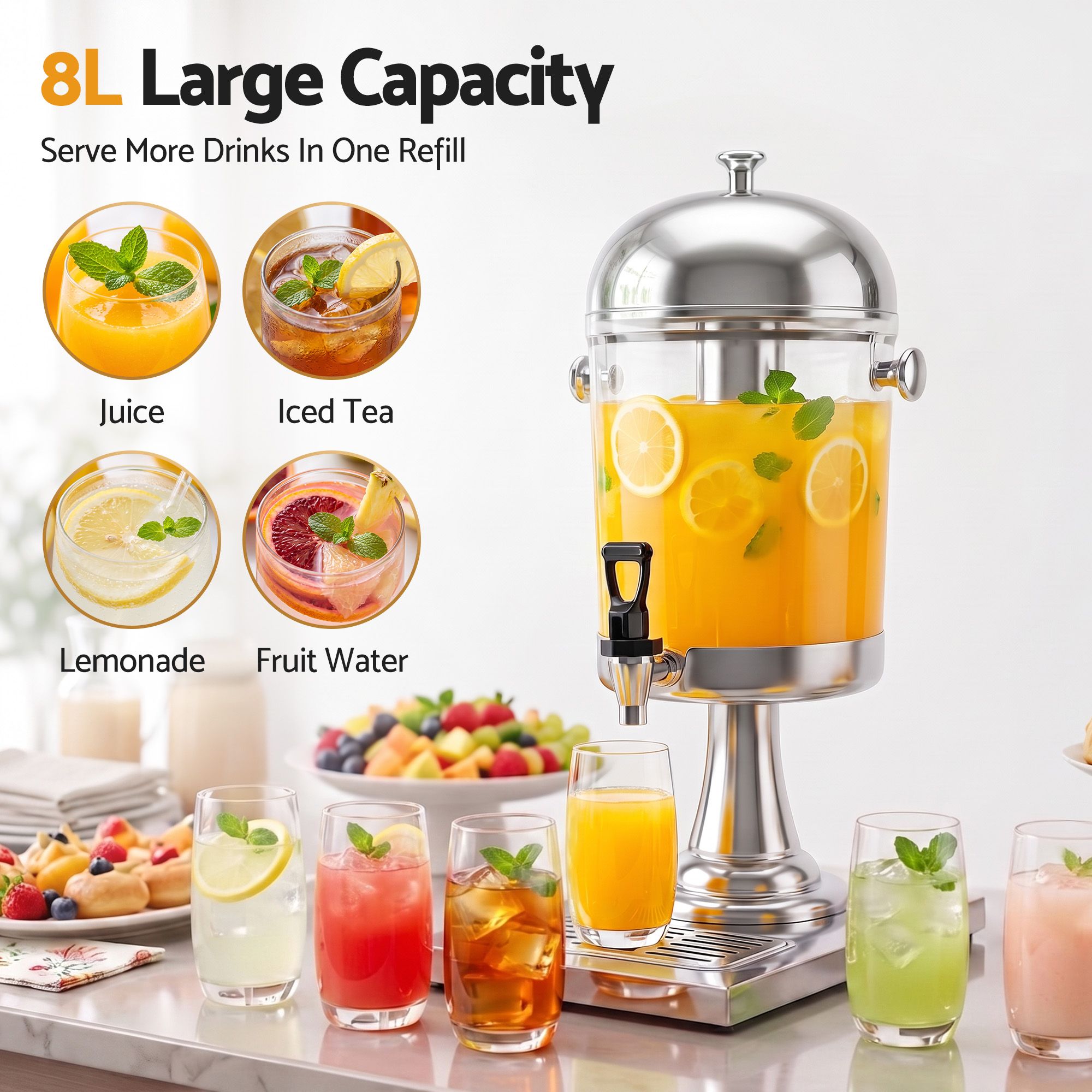 5-Star Chef 8L Beverage Juice Dispenser Tap Ice Tube Single Drip Tray