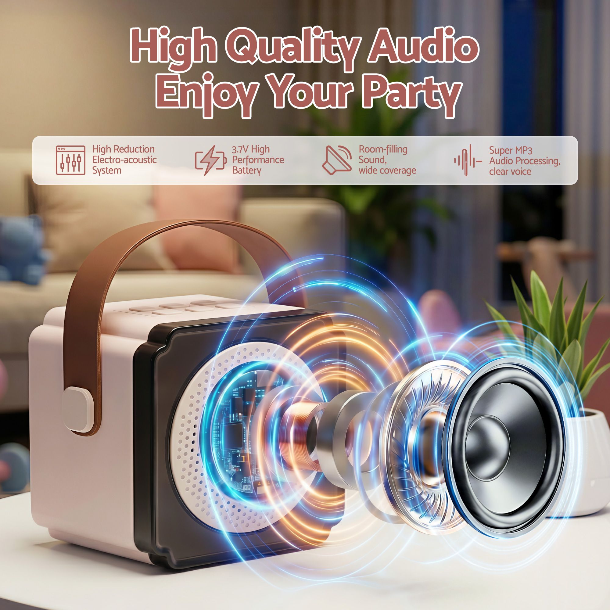 Alpha Mini Portable Karaoke Machine for Adults Kids with 2 Wireless Microphones