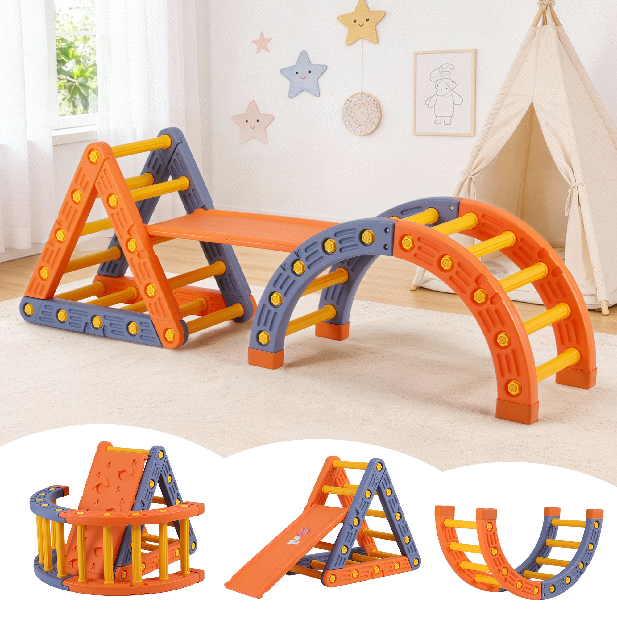Activity Toys: Keezi Kids Climbing Frame Set With Slide Indoor Outdoor Toddler Toys Pikler Triangle Climber With Arch
