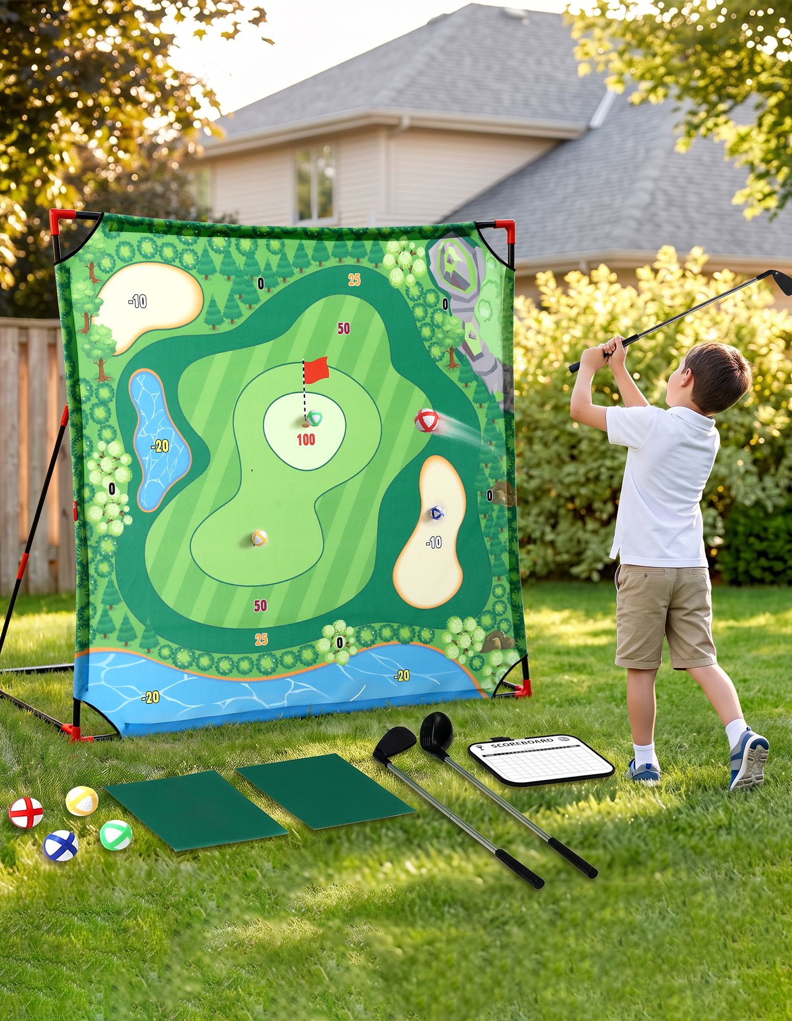 Keezi Kids Golf Chipping Game Set with Stand, 24 Sticky Balls, Adjustable Club & 2 Hitting Mats for Indoor Outdoor Ages 3-12 Play