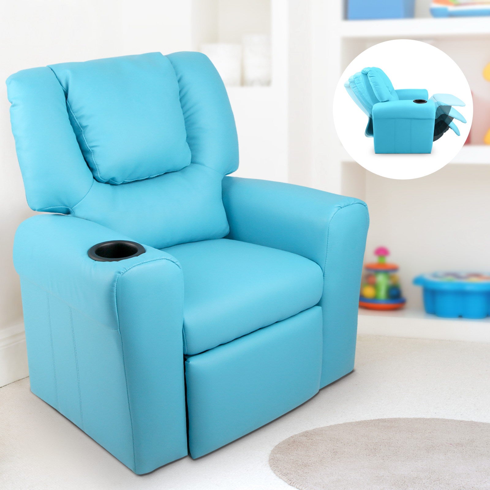Kid's Tables, Chairs & Seats: Keezi Kids Recliner Chair PU Leather Sofa Lounge Couch Children Armchair Blue