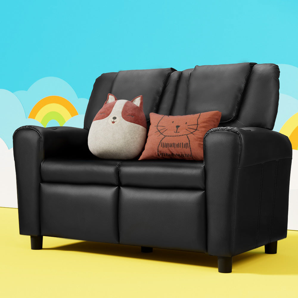 Office & Desk Chairs: Keezi Kids Recliner Chair Double PU Leather Sofa Lounge Couch Armchair Black