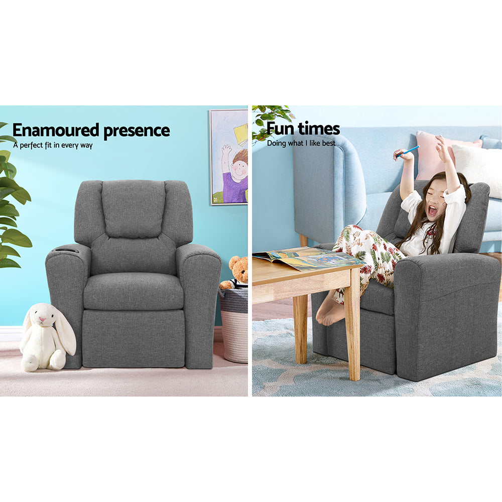 Arm Chairs & Recliners: Keezi Kids Recliner Chair Linen Soft Sofa Lounge Couch Children Armchair Grey