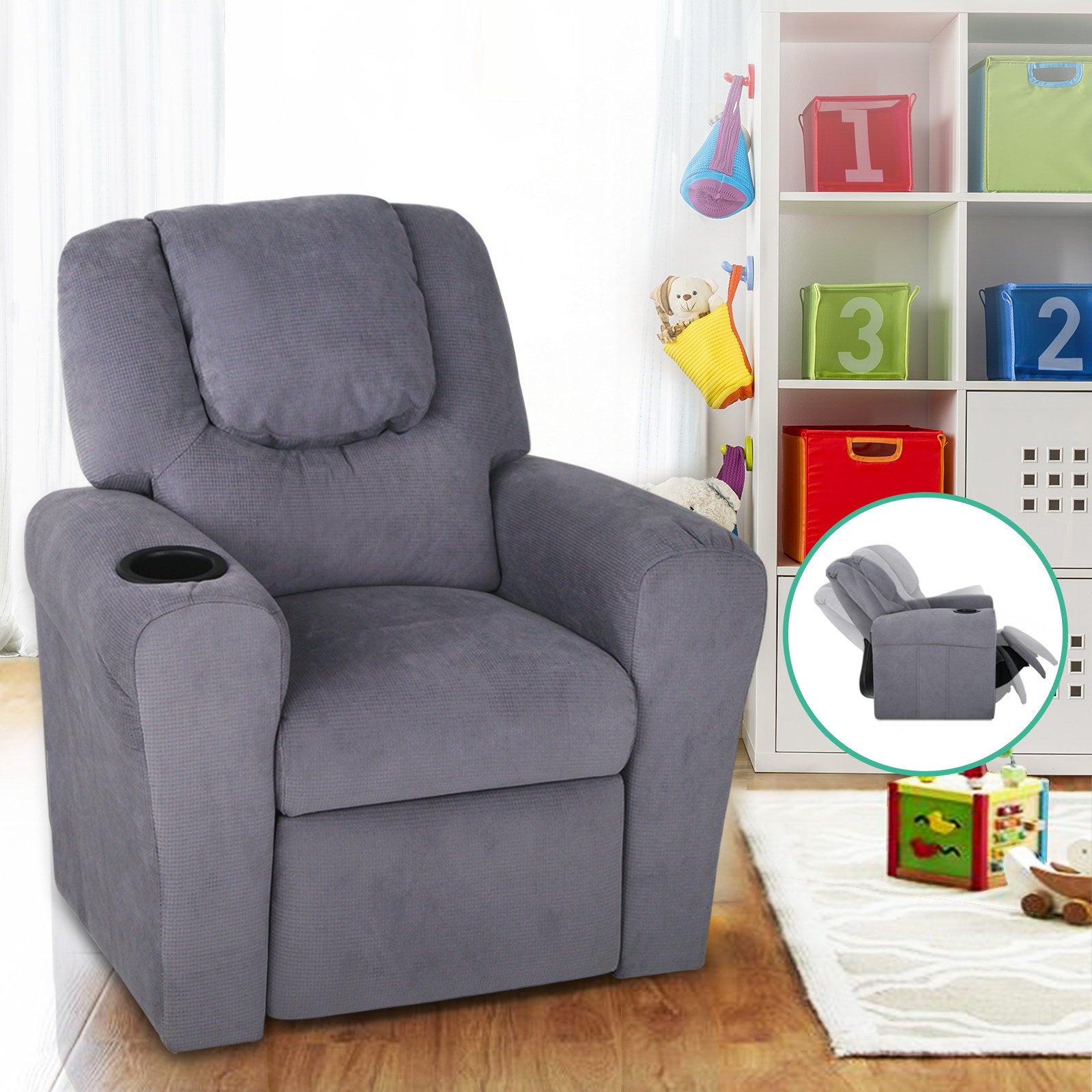 Arm Chairs & Recliners: Keezi Kids Recliner Chair Linen Soft Sofa Lounge Couch Children Armchair Grey