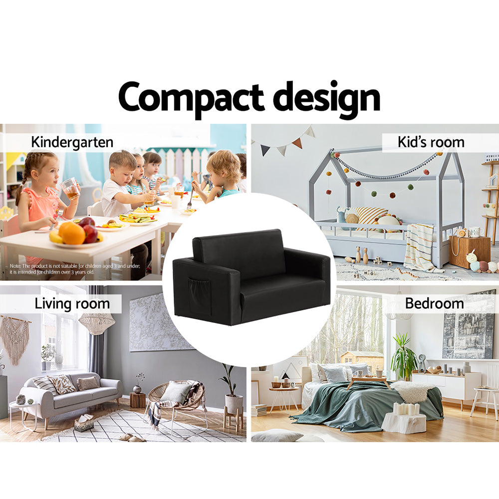 Kid's Tables, Chairs & Seats: Keezi Kids Sofa 2 Seater Children Flip Open Couch PU Leather Armchair Black