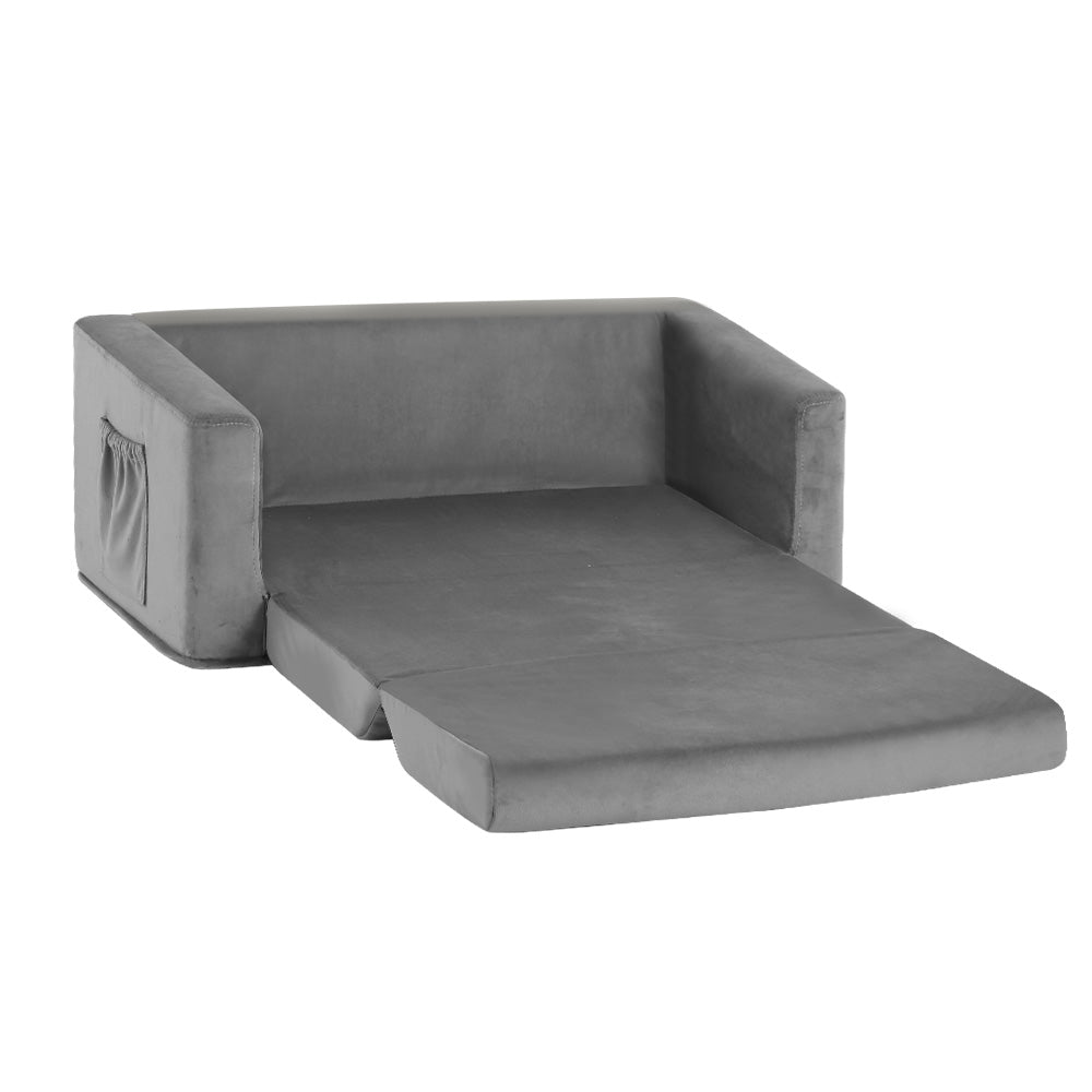 Pretend Play: Keezi Kids Sofa 2 Seater Children Flip Open Couch Velvet Armchair Grey