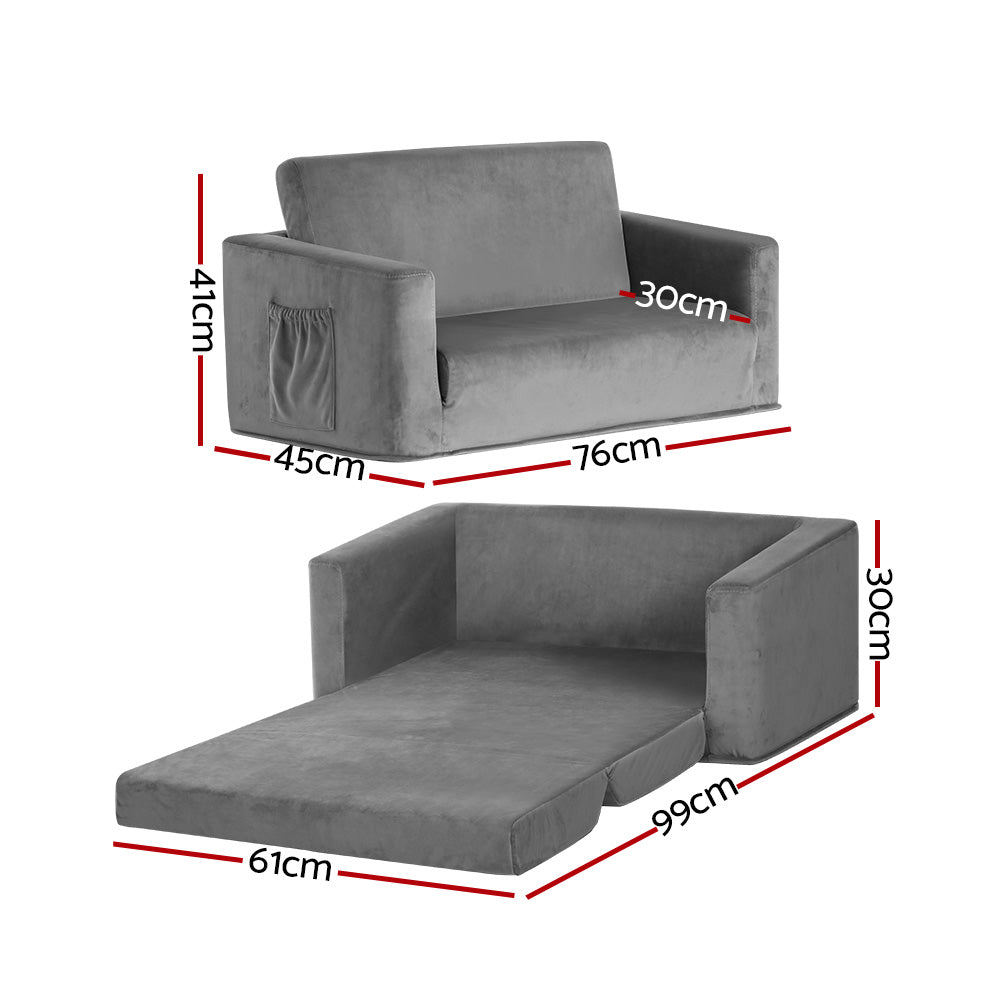Pretend Play: Keezi Kids Sofa 2 Seater Children Flip Open Couch Velvet Armchair Grey
