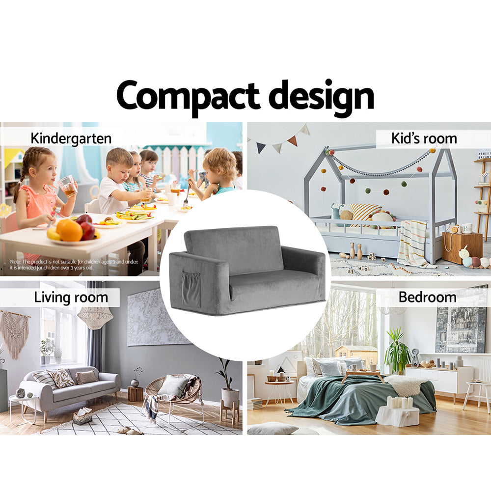 Pretend Play: Keezi Kids Sofa 2 Seater Children Flip Open Couch Velvet Armchair Grey