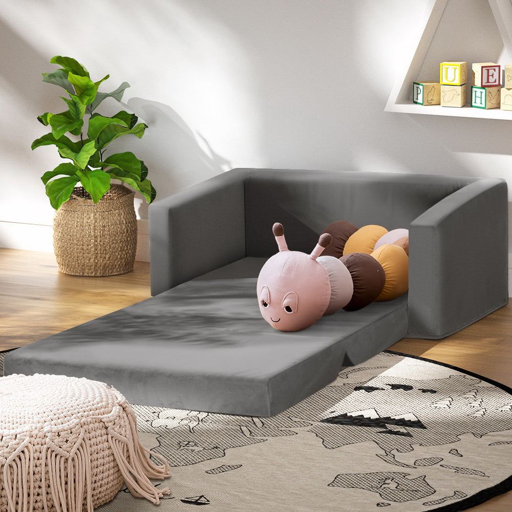 Pretend Play: Keezi Kids Sofa 2 Seater Children Flip Open Couch Velvet Armchair Grey