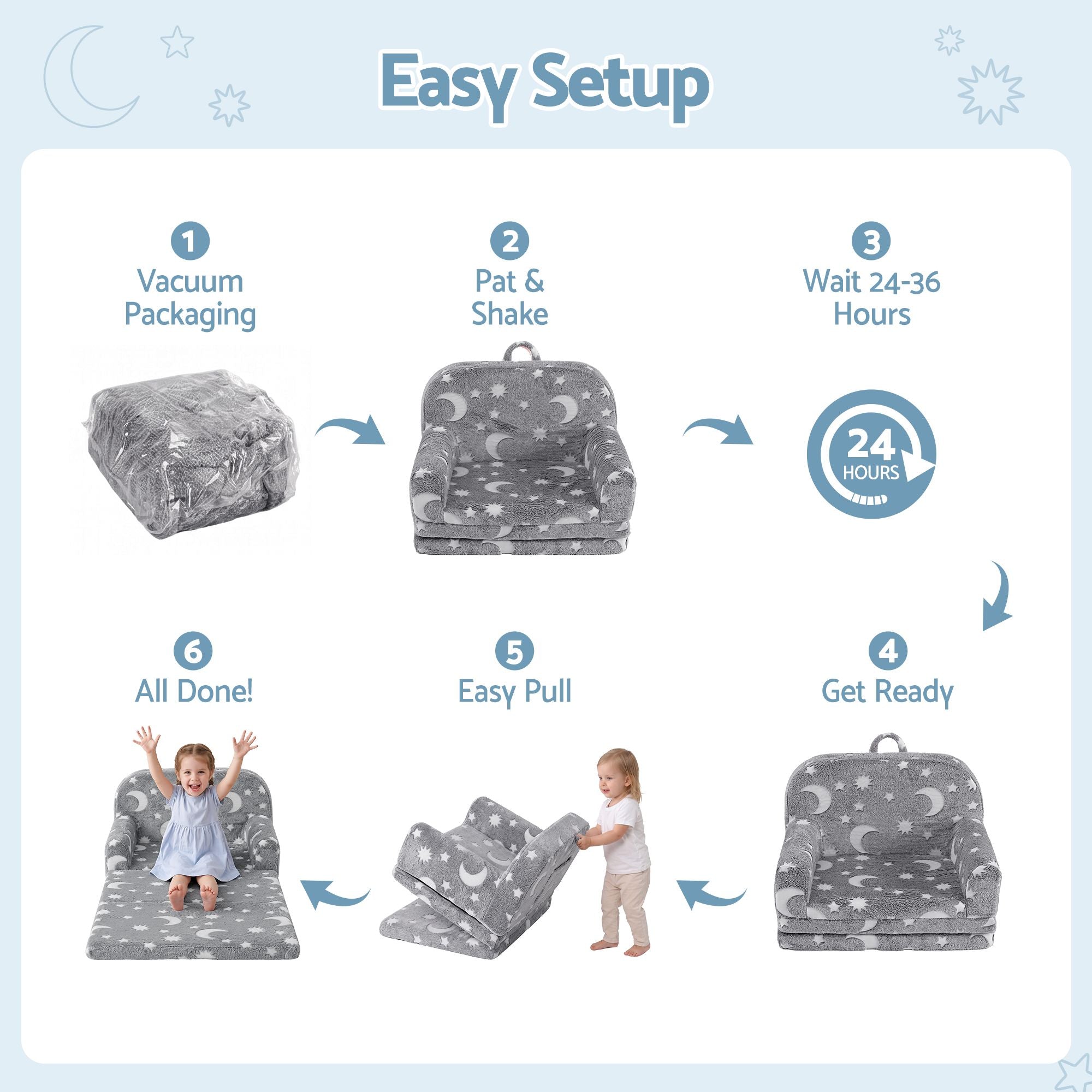 Keezi Kids 2-in-1 Fold Out Sofa Bed with Removable Washable Cover, Carry Handle, Storage Pocket, Glow in the Dark, Grey