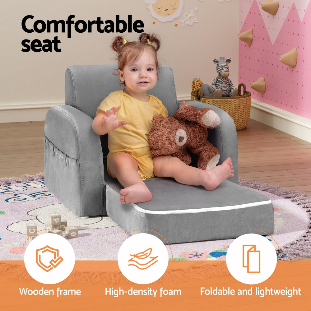 Kid's Tables, Chairs & Seats: Keezi Kids Sofa 1 Seater Children Flip Open Couch Lounger Armchair Soft Grey