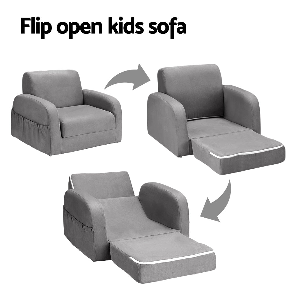 Kid's Tables, Chairs & Seats: Keezi Kids Sofa 1 Seater Children Flip Open Couch Lounger Armchair Soft Grey