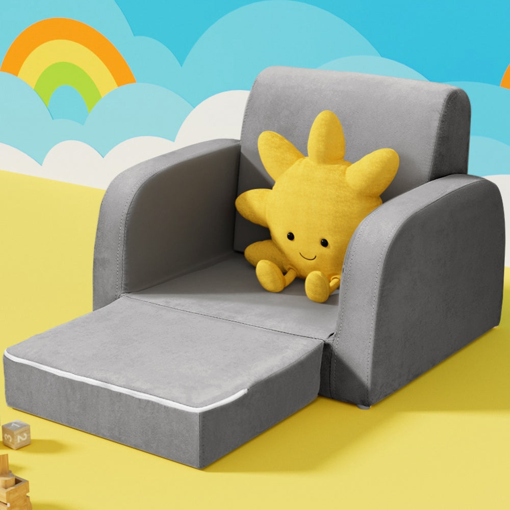 Kid's Tables, Chairs & Seats: Keezi Kids Sofa 1 Seater Children Flip Open Couch Lounger Armchair Soft Grey