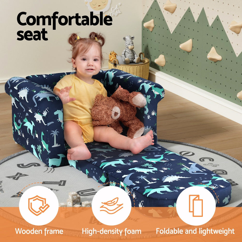 Pretend Play: Keezi Kids Sofa 1 Seater Children Flip Open Couch Lounger Armchair Dinosaur Navy