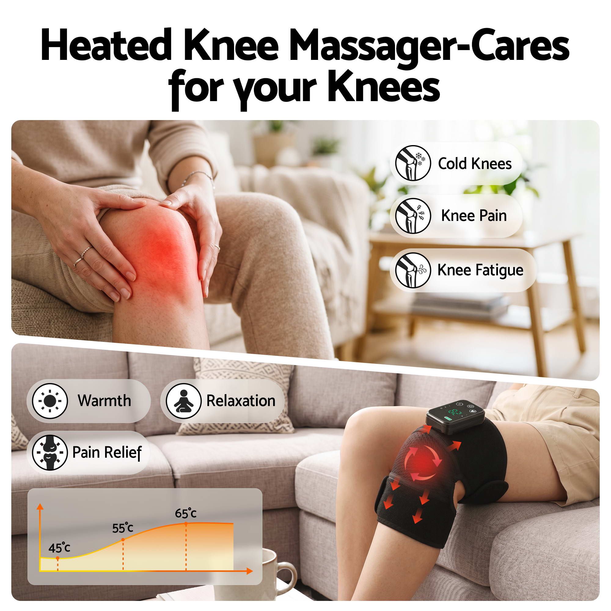 Livemor Knee Massager with Heat, Cordless Heated Knee Massage for Pain Relief with 3 Heating Levels, 3 Vibration Modes,Gentle Lights, Adjustable Straps, 3-in-1, Gift for Men and Women