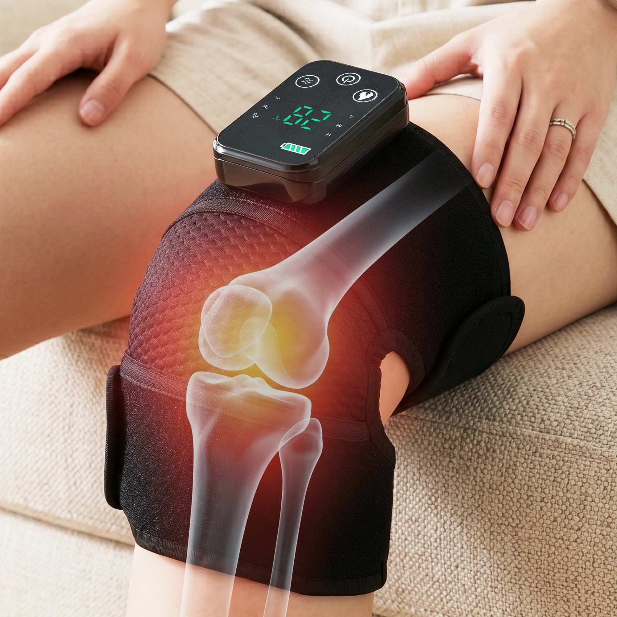 Livemor Knee Massager with Heat, Cordless Heated Knee Massage for Pain Relief with 3 Heating Levels, 3 Vibration Modes,Gentle Lights, Adjustable Straps, 3-in-1, Gift for Men and Women