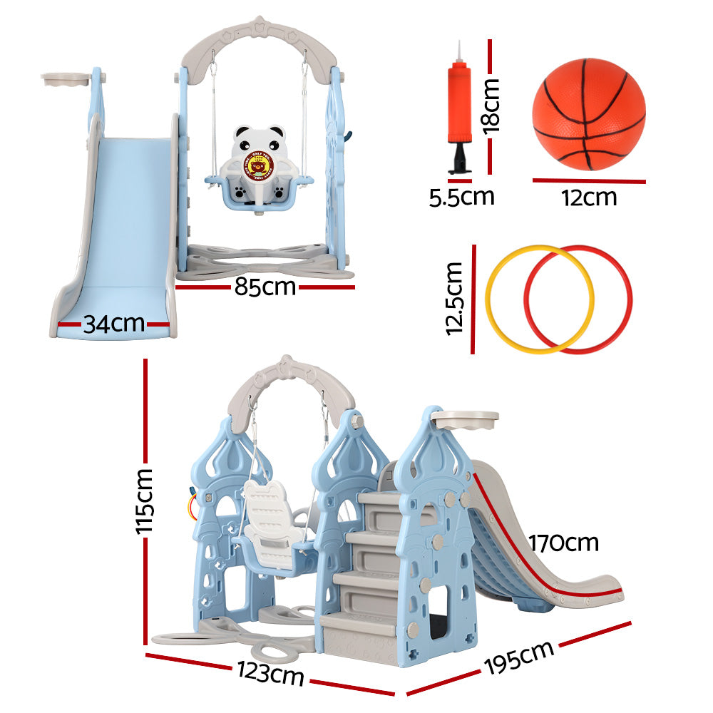 Outdoor Play Equipment: Keezi Kids Slide Swing Set Basketball Hoop Rings Outdoor Playground 170cm Blue