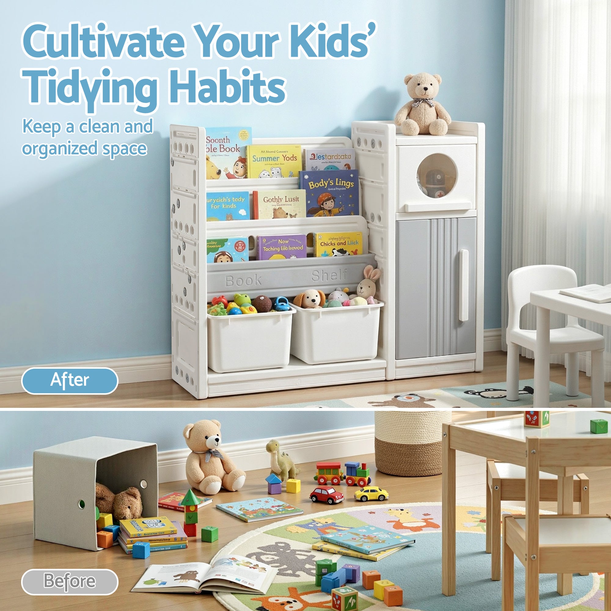 Kid's Bookcases & Shelves: Keezi Kids Bookshelf and Toy Storage Organizer with 3-Tier Bookshelvs, 2 Removable Bins and 2 Storage Cabinets, Toddler Bookshelf with Toy Organizer for Kids' Rooms, Playrooms