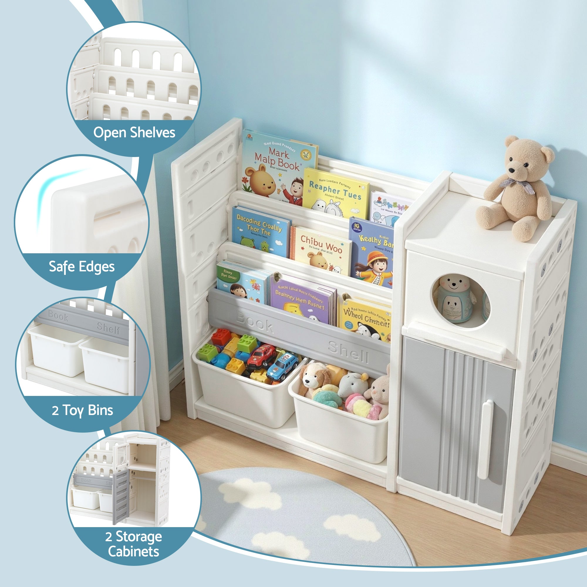 Kid's Bookcases & Shelves: Keezi Kids Bookshelf and Toy Storage Organizer with 3-Tier Bookshelvs, 2 Removable Bins and 2 Storage Cabinets, Toddler Bookshelf with Toy Organizer for Kids' Rooms, Playrooms