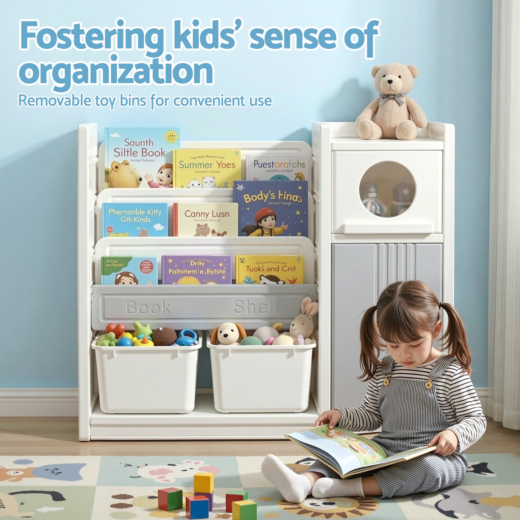 Kid's Bookcases & Shelves: Keezi Kids Bookshelf and Toy Storage Organizer with 3-Tier Bookshelvs, 2 Removable Bins and 2 Storage Cabinets, Toddler Bookshelf with Toy Organizer for Kids' Rooms, Playrooms