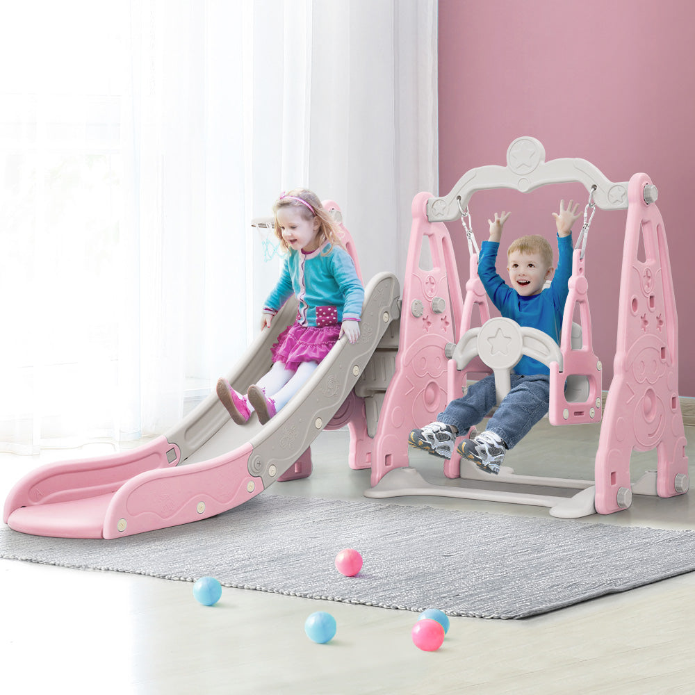 Outdoor Play Equipment: Keezi Kids Slide Swing Set Basketball Hoop Outdoor Playground Toys 170cm Pink
