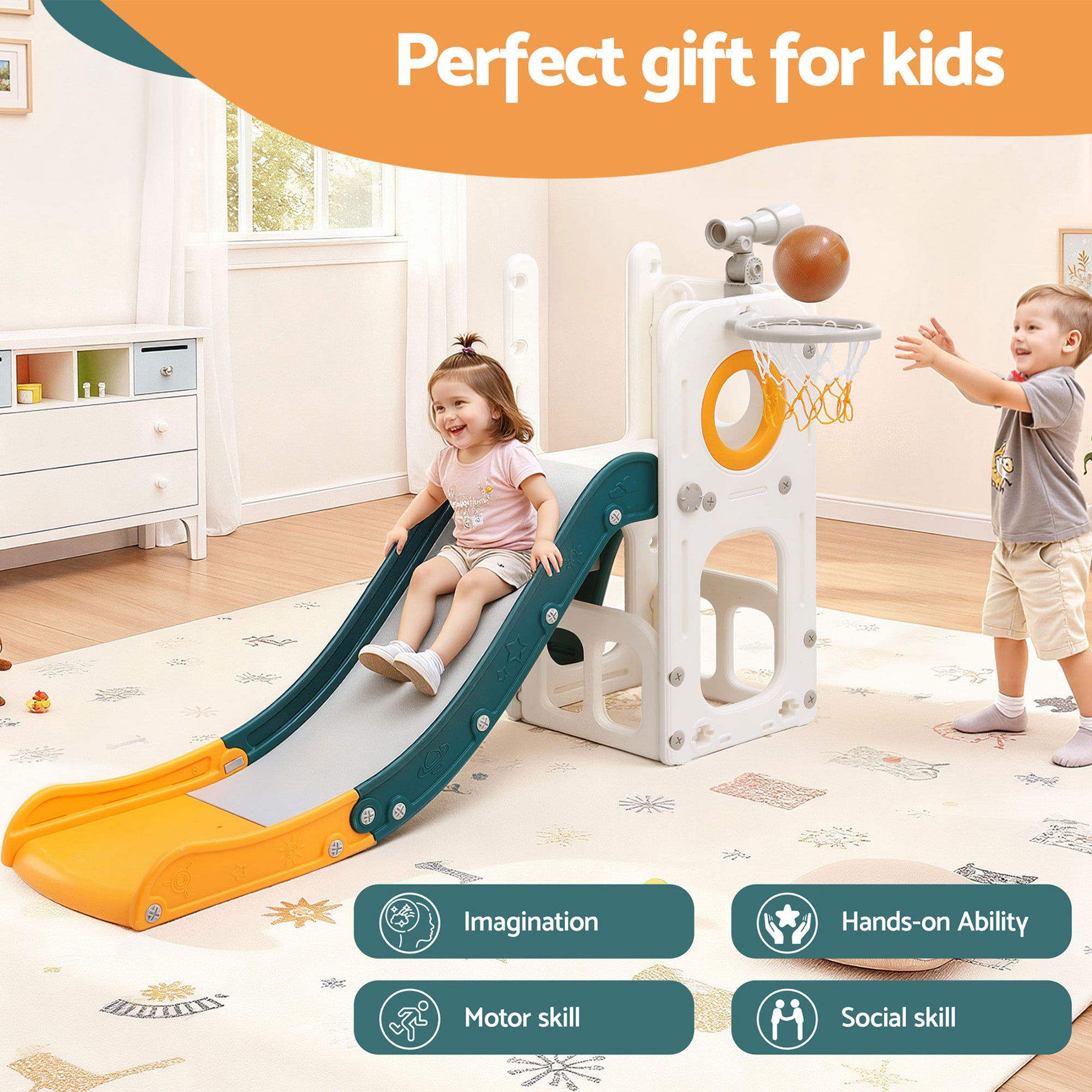 Outdoor Play Equipment: Keezi Kids Slide Set Basketball Hoop Outdoor Playground Outdoor Toys Telescope Storage