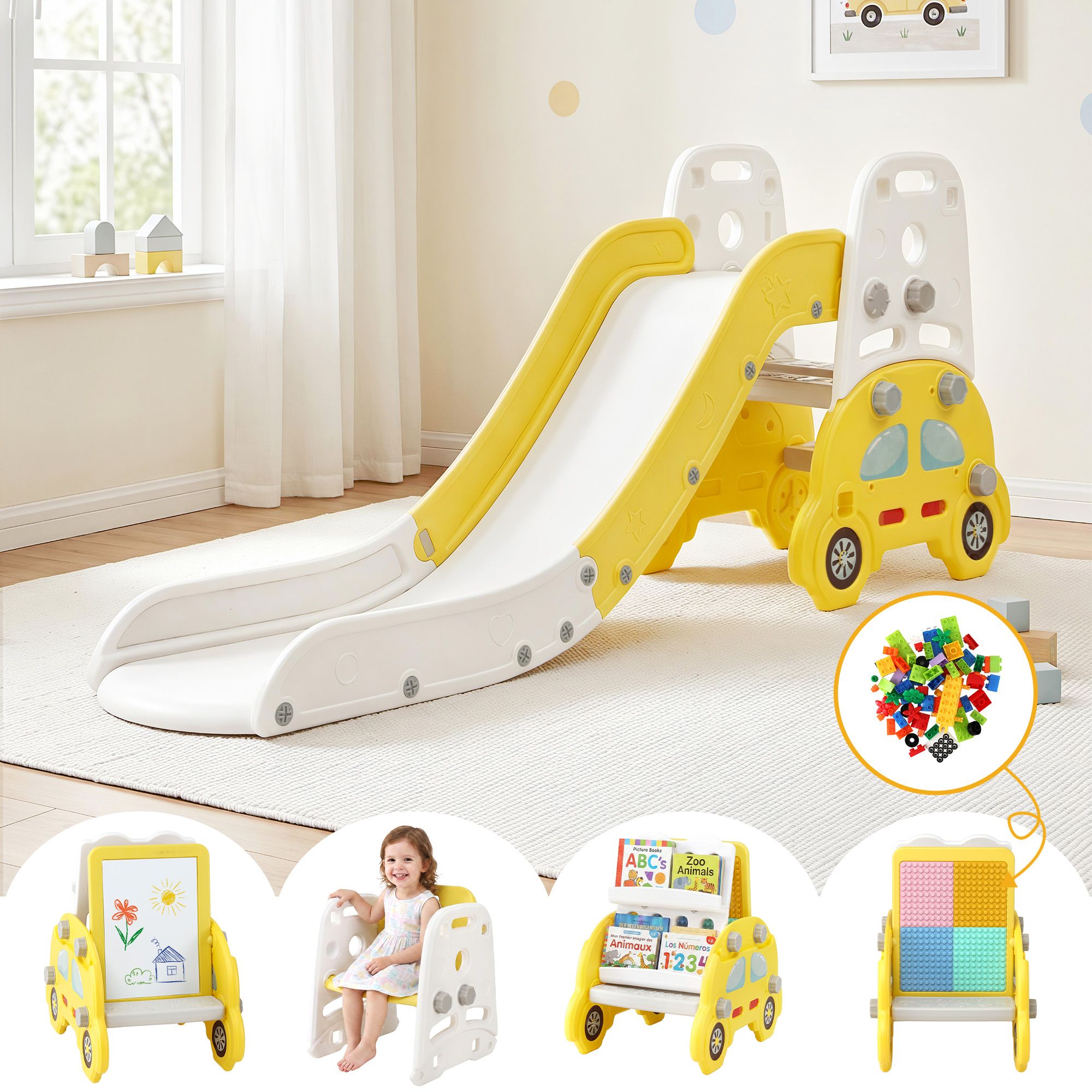 Keezi Kids Slide Set Toddler Indoor Playset Bookshelf Drawing Board Yellow