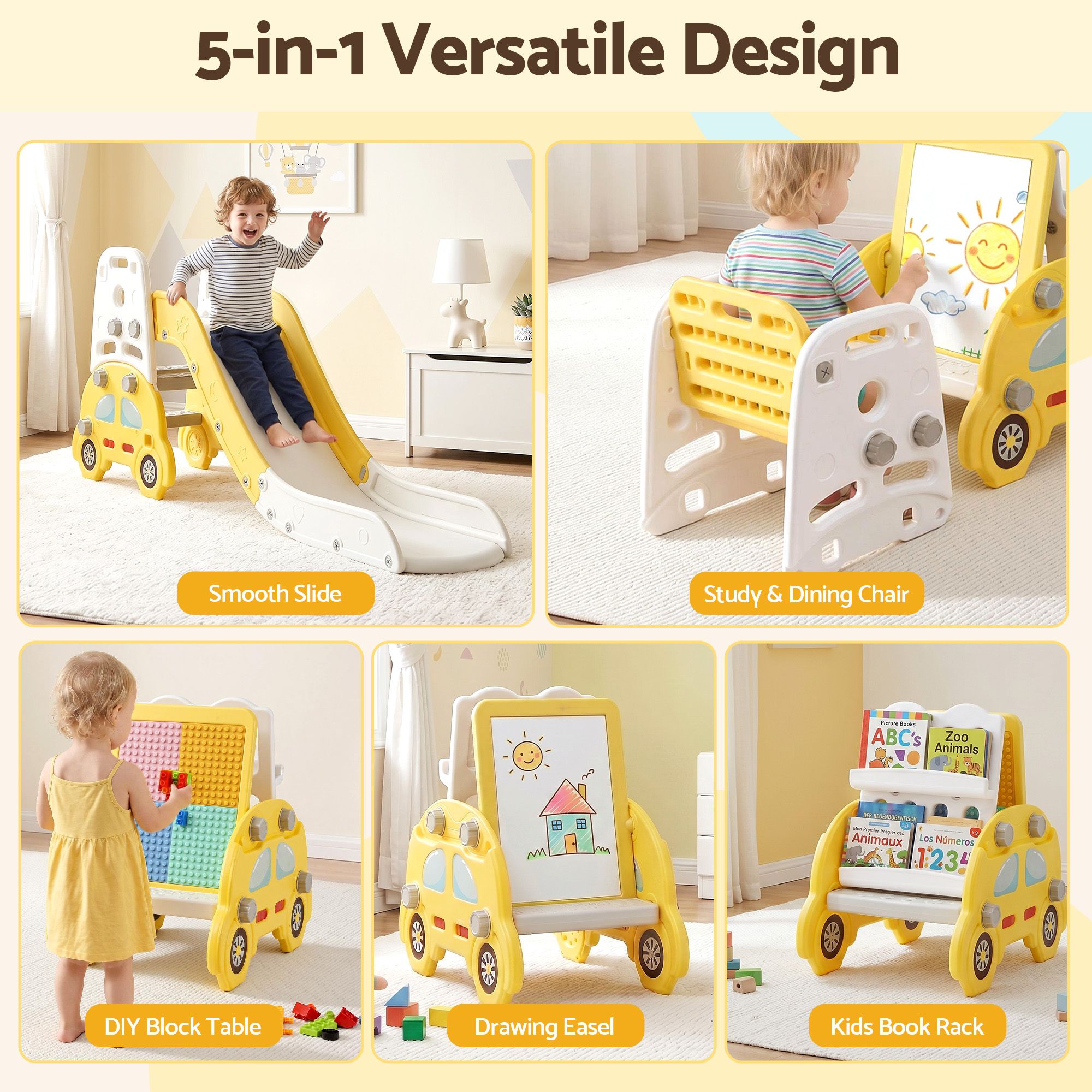 Keezi Kids Slide Set Toddler Indoor Playset Bookshelf Drawing Board Yellow