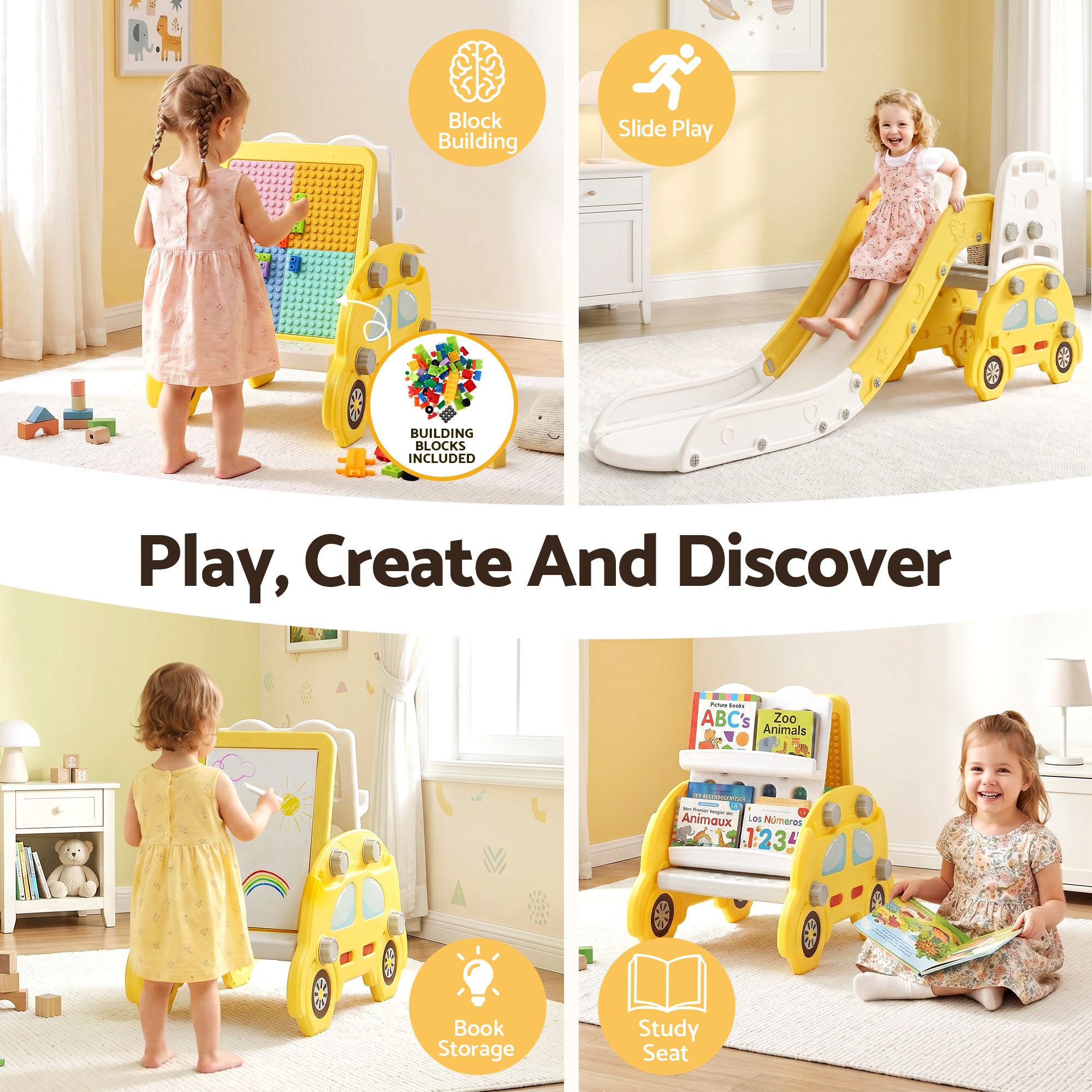 Keezi Kids Slide Set Toddler Indoor Playset Bookshelf Drawing Board Yellow