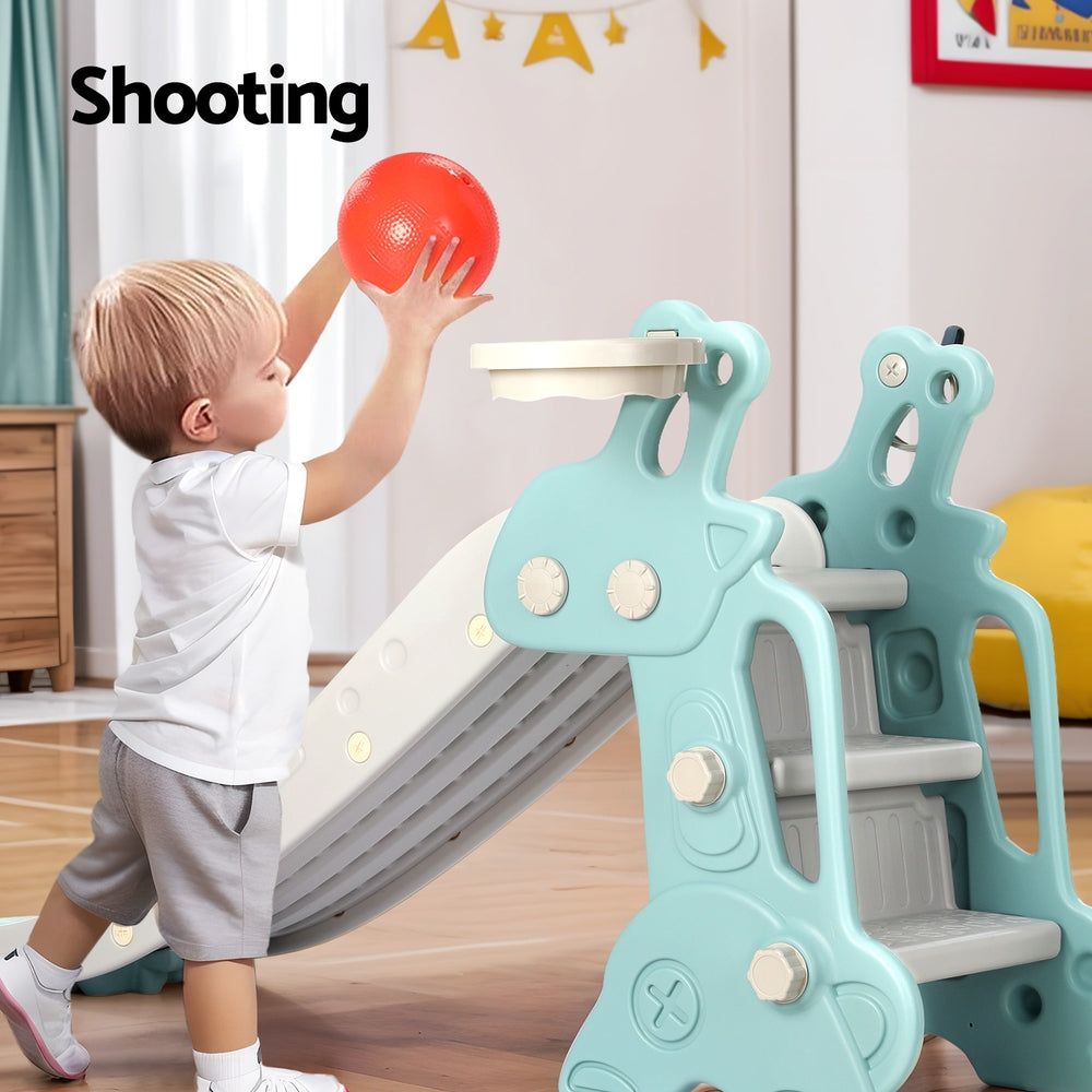 Outdoor Play Equipment: Keezi Kids Slide Set Basketball Hoop Ring Outdoor Playground Toy Deer 140cm Blue