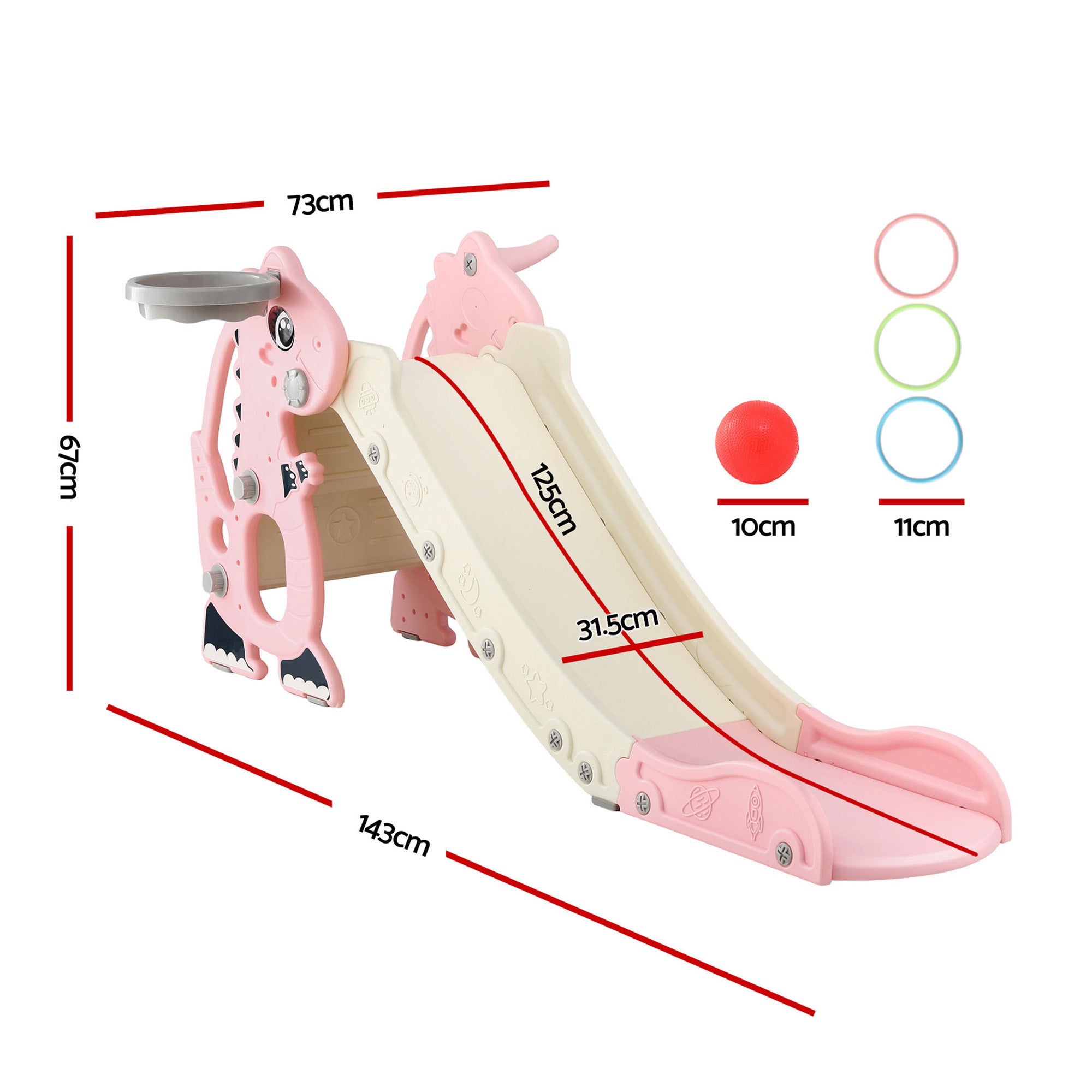 Outdoor Play Equipment: Keezi Kids Slide Set Basketball Hoop Outdoor Playground Toy Dragon 125cm Slide Pink