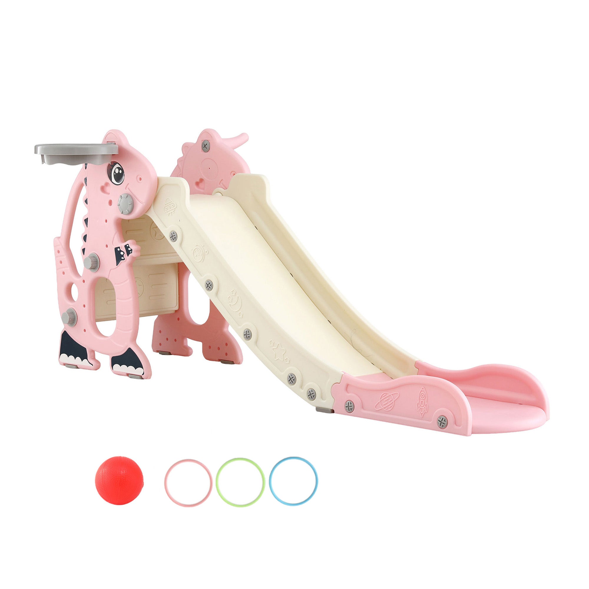 Outdoor Play Equipment: Keezi Kids Slide Set Basketball Hoop Outdoor Playground Toy Dragon 125cm Slide Pink