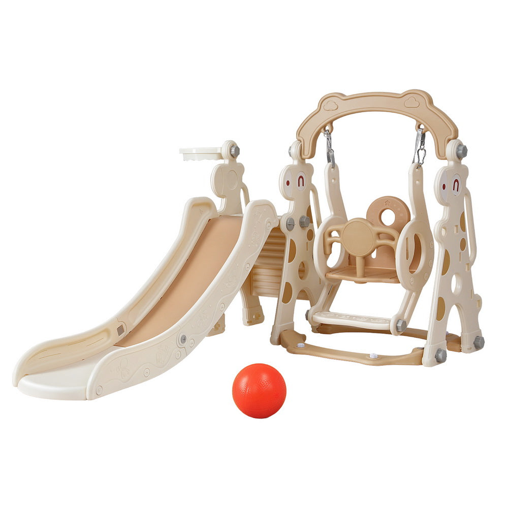 Outdoor Play Equipment: Keezi Kids Slide Swing Set Basketball Hoop Outdoor Playground Toys 160cm Beige