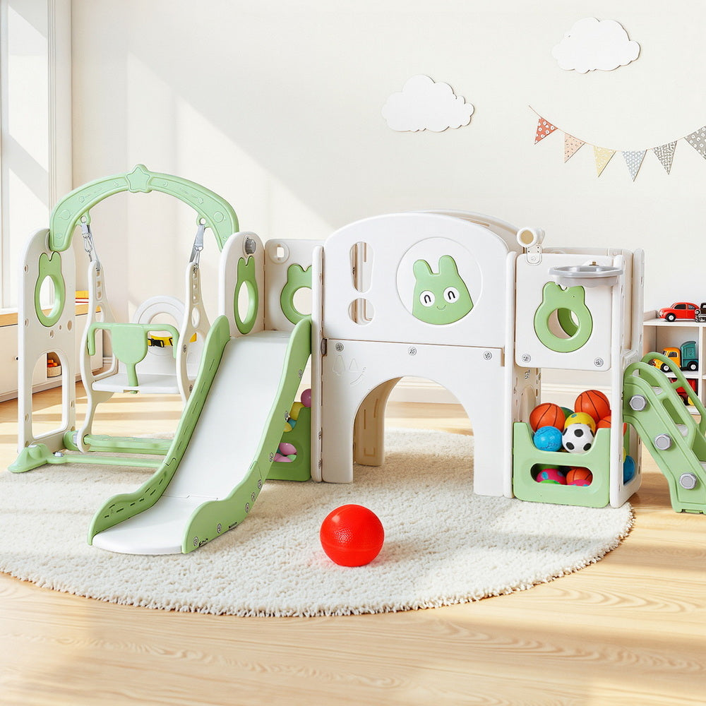 Outdoor Play Equipment: Keezi Kids Slide Swing Set Basketball Hoop Ring Football Outdoor Toys 140cm Green