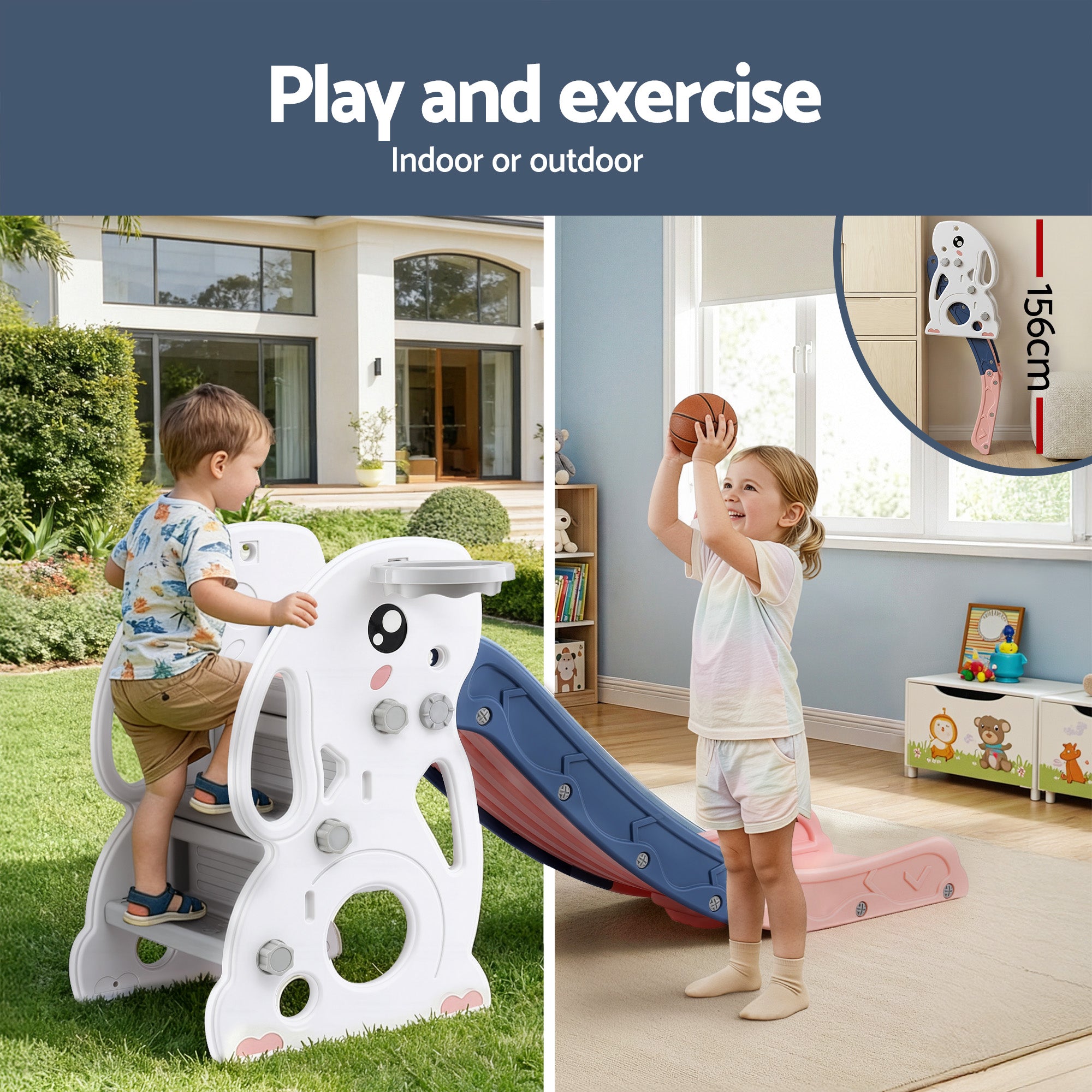 Activity Toys: Keezi Kids Slide Set Basketball Hoop Ring Outdoor Playground Toy Rabbit 147cm
