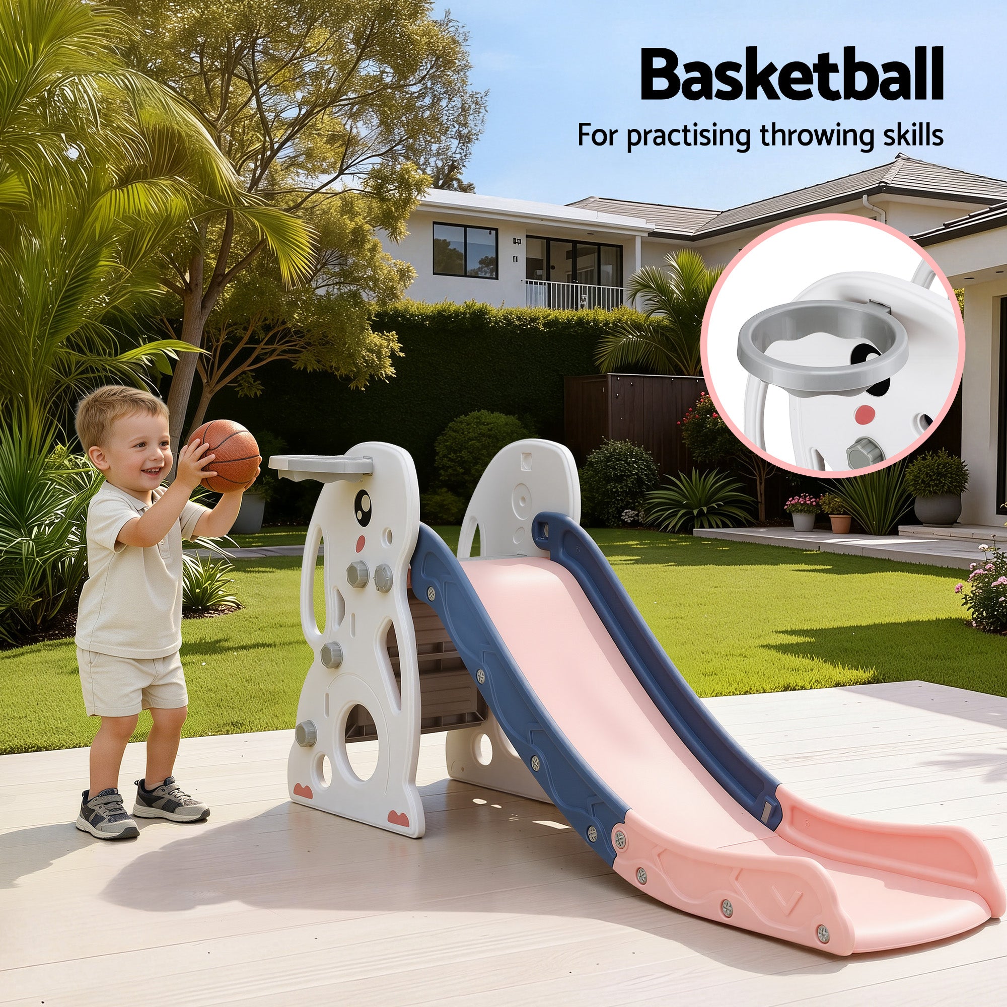 Activity Toys: Keezi Kids Slide Set Basketball Hoop Ring Outdoor Playground Toy Rabbit 147cm