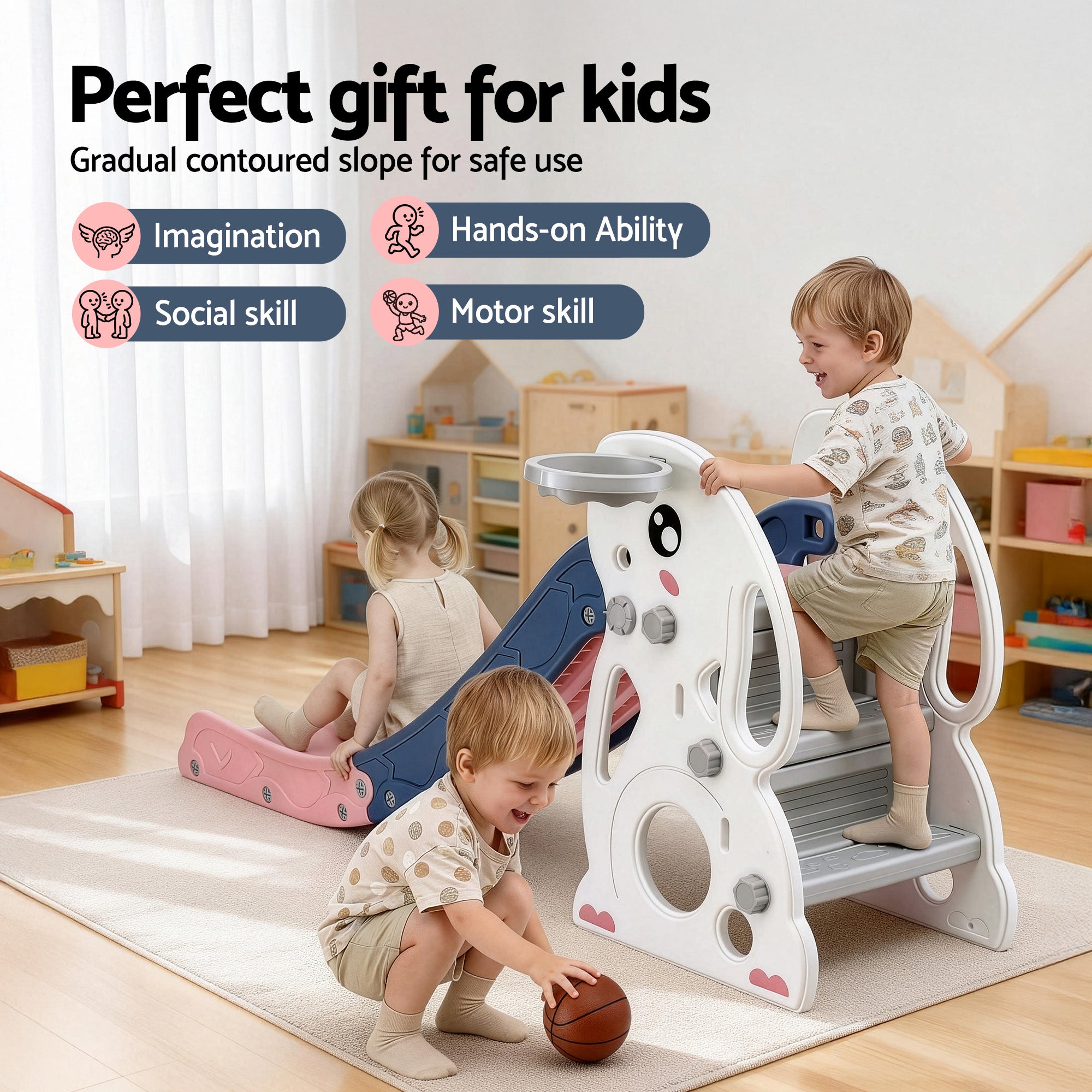Activity Toys: Keezi Kids Slide Set Basketball Hoop Ring Outdoor Playground Toy Rabbit 147cm