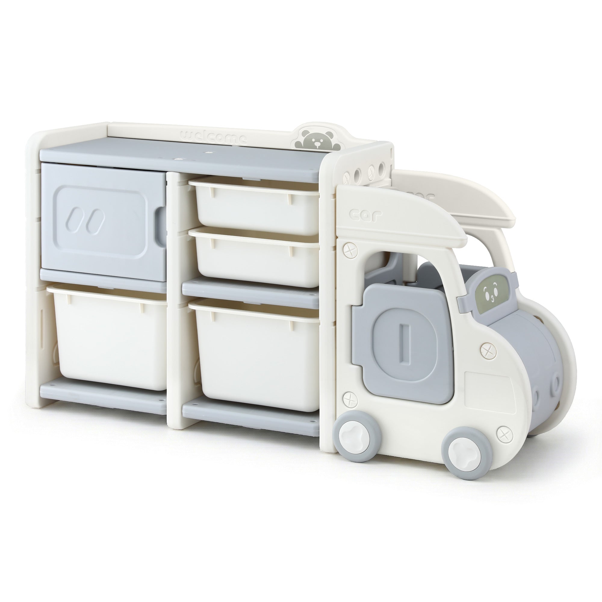 Toy Boxes: Keezi Toy Storage Organizer with 4 Storage Bins and Cabinet, Bookcase Kids Toys Box, Toy Storage for Kids Room, Playroom, Bedroom, Nursery, Car Shaped
