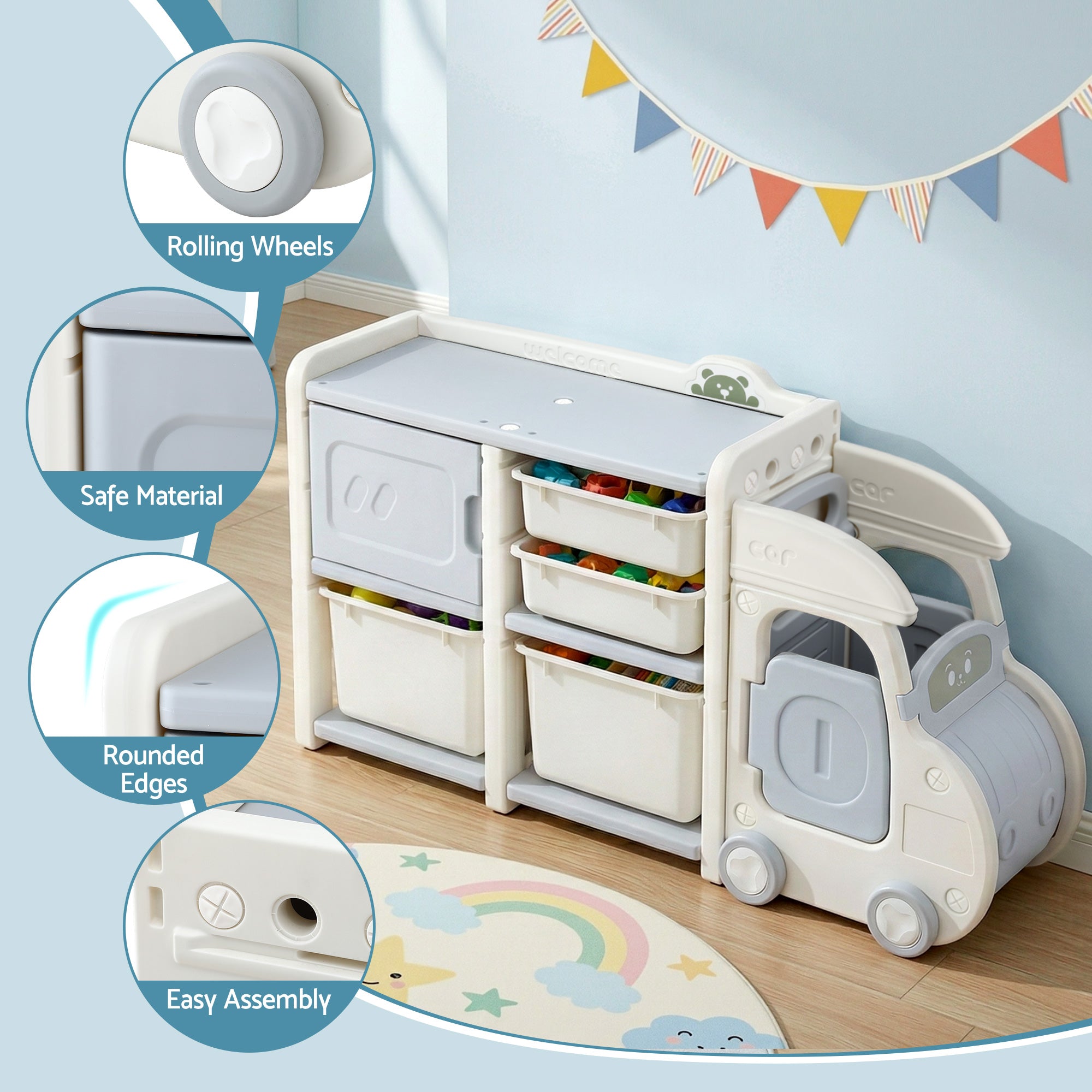 Toy Boxes: Keezi Toy Storage Organizer with 4 Storage Bins and Cabinet, Bookcase Kids Toys Box, Toy Storage for Kids Room, Playroom, Bedroom, Nursery, Car Shaped