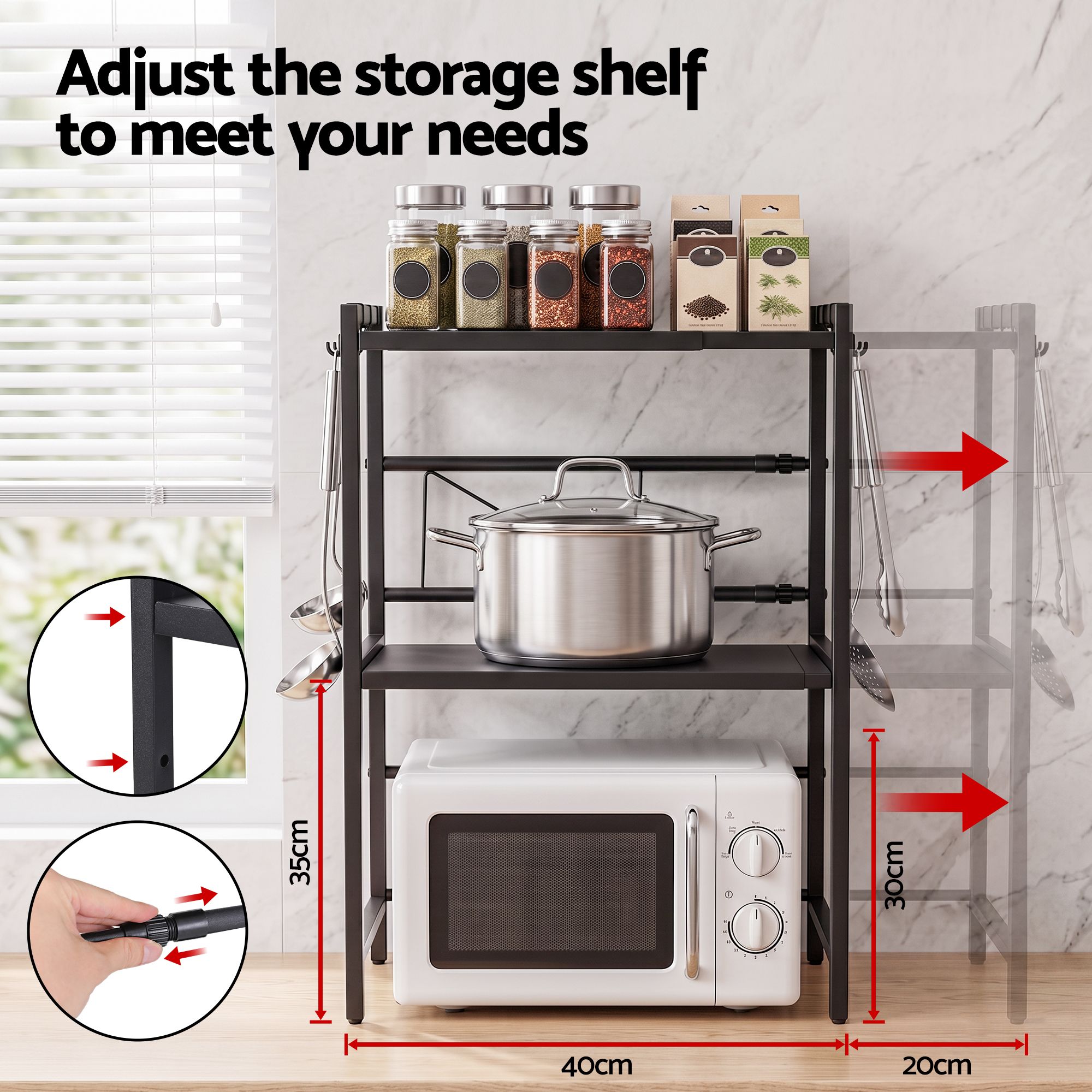 Artiss Kitchen Bakers Rack 40-60CMX78CM Metal Microwave Stand Black