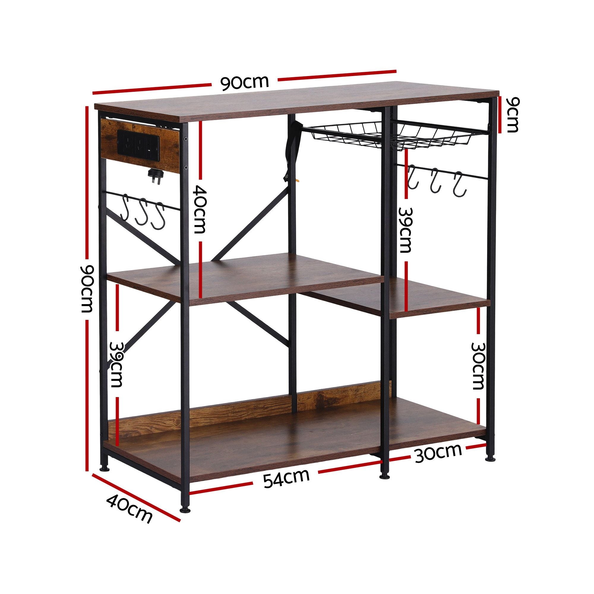Artiss 3-Tier Kitchen Rack with 2 Power Outlets Microwave Storage Shelf 6 Hooks 90CM