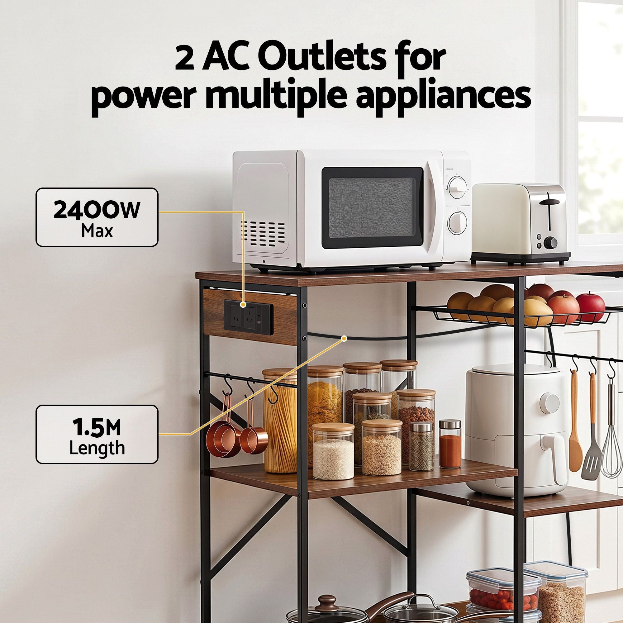 Artiss 3-Tier Kitchen Rack with 2 Power Outlets Microwave Storage Shelf 6 Hooks 90CM