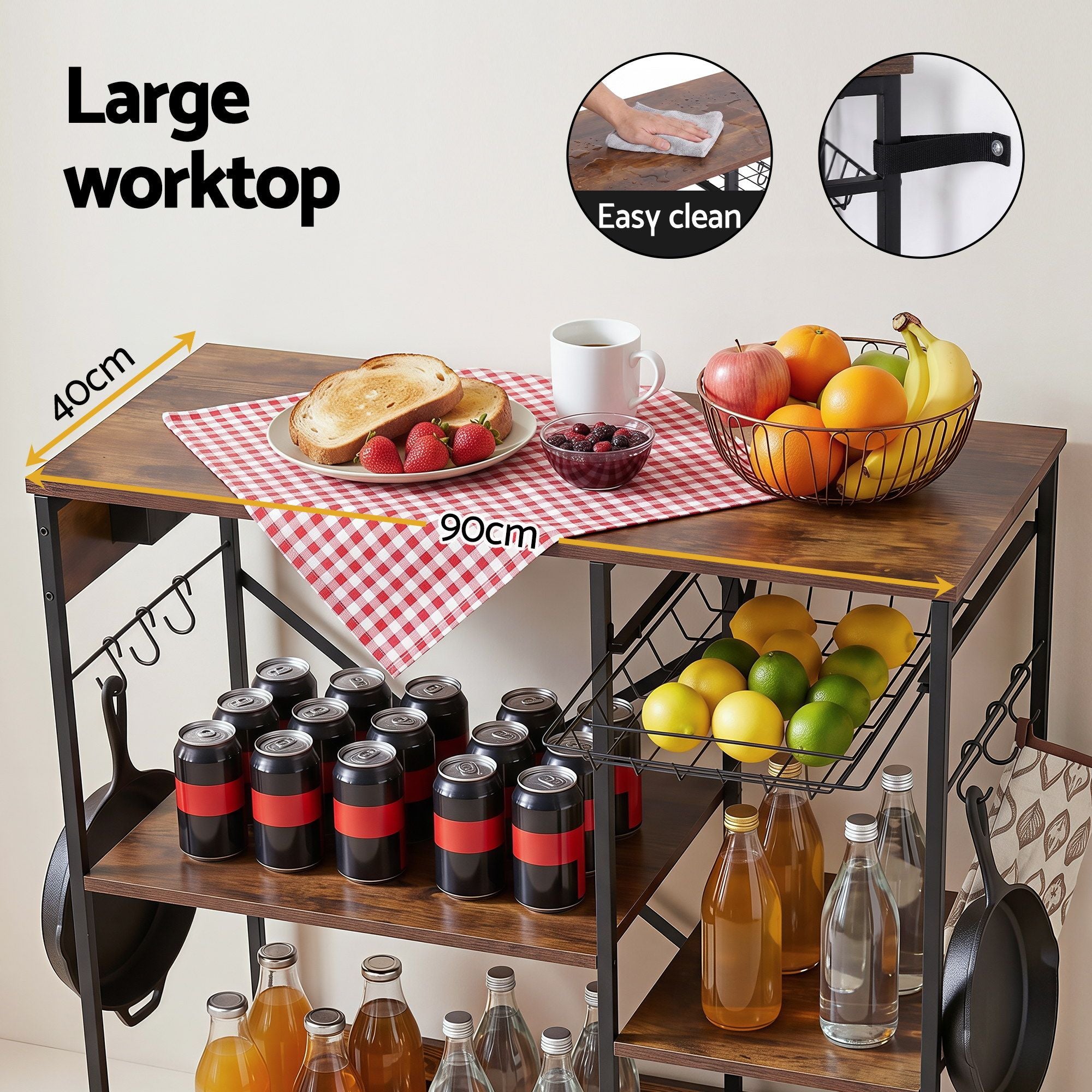 Artiss 3-Tier Kitchen Rack with 2 Power Outlets Microwave Storage Shelf 6 Hooks 90CM
