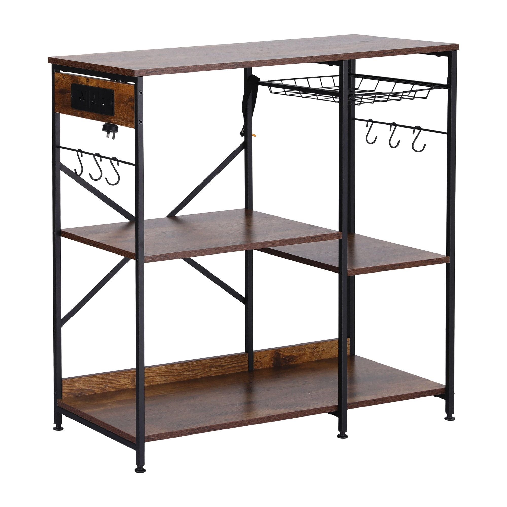 Artiss 3-Tier Kitchen Rack with 2 Power Outlets Microwave Storage Shelf 6 Hooks 90CM
