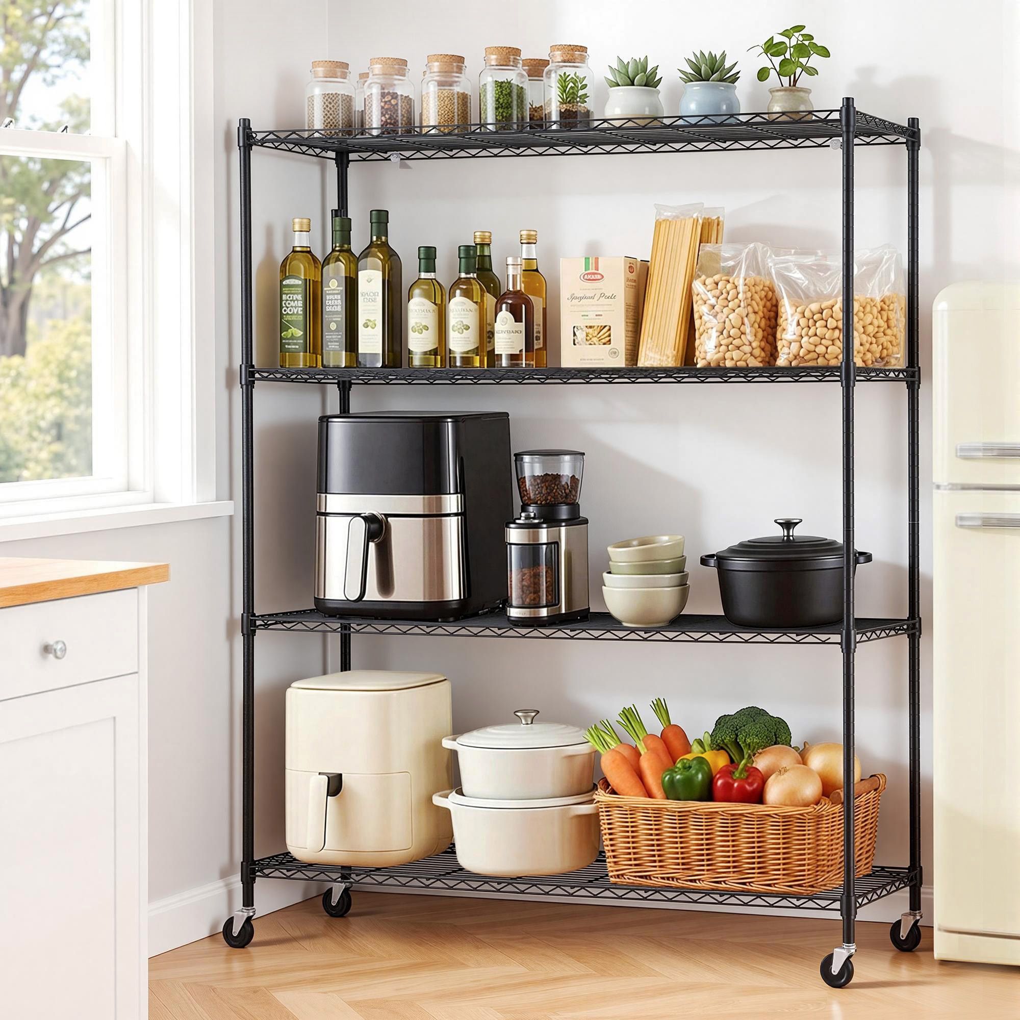 Artiss 4-Tier Kitchen Rack Shelf with Wheels Shelving 152x45x187CM Adjustable Metal Storage Shelves