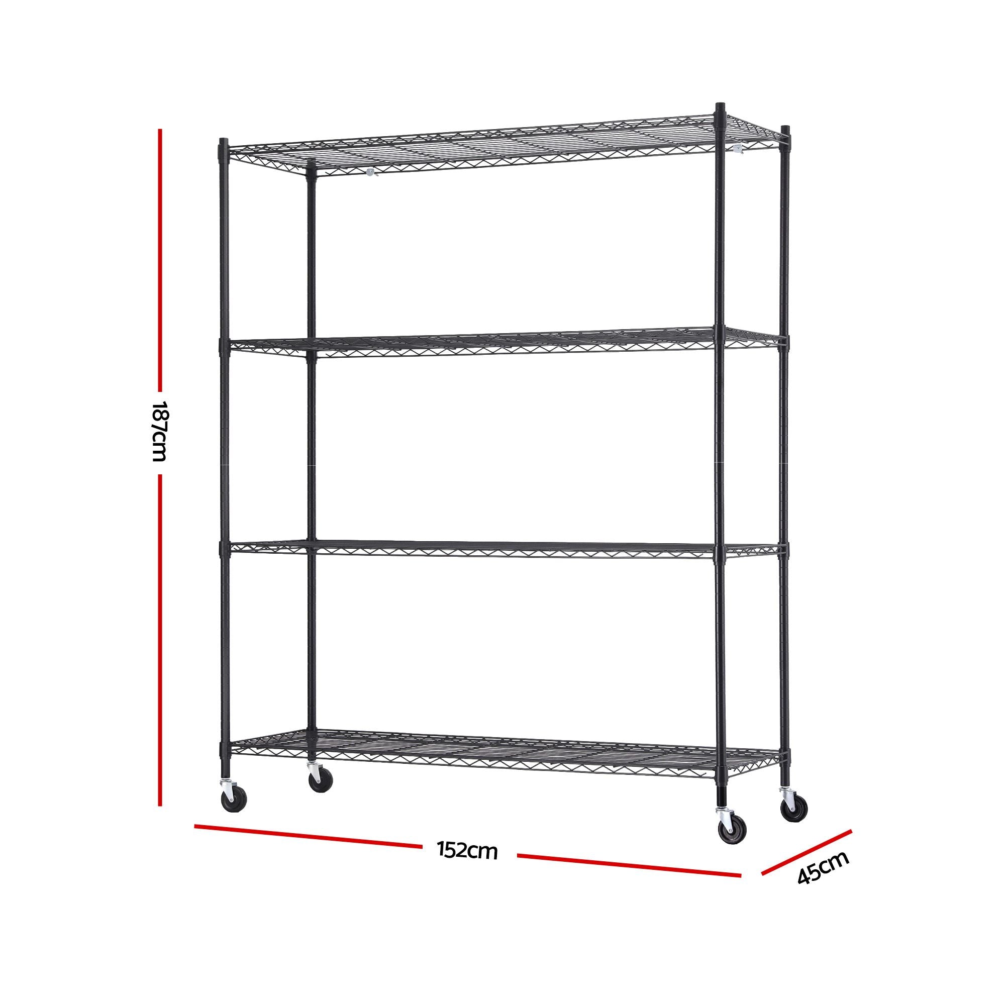 Artiss 4-Tier Kitchen Rack Shelf with Wheels Shelving 152x45x187CM Adjustable Metal Storage Shelves