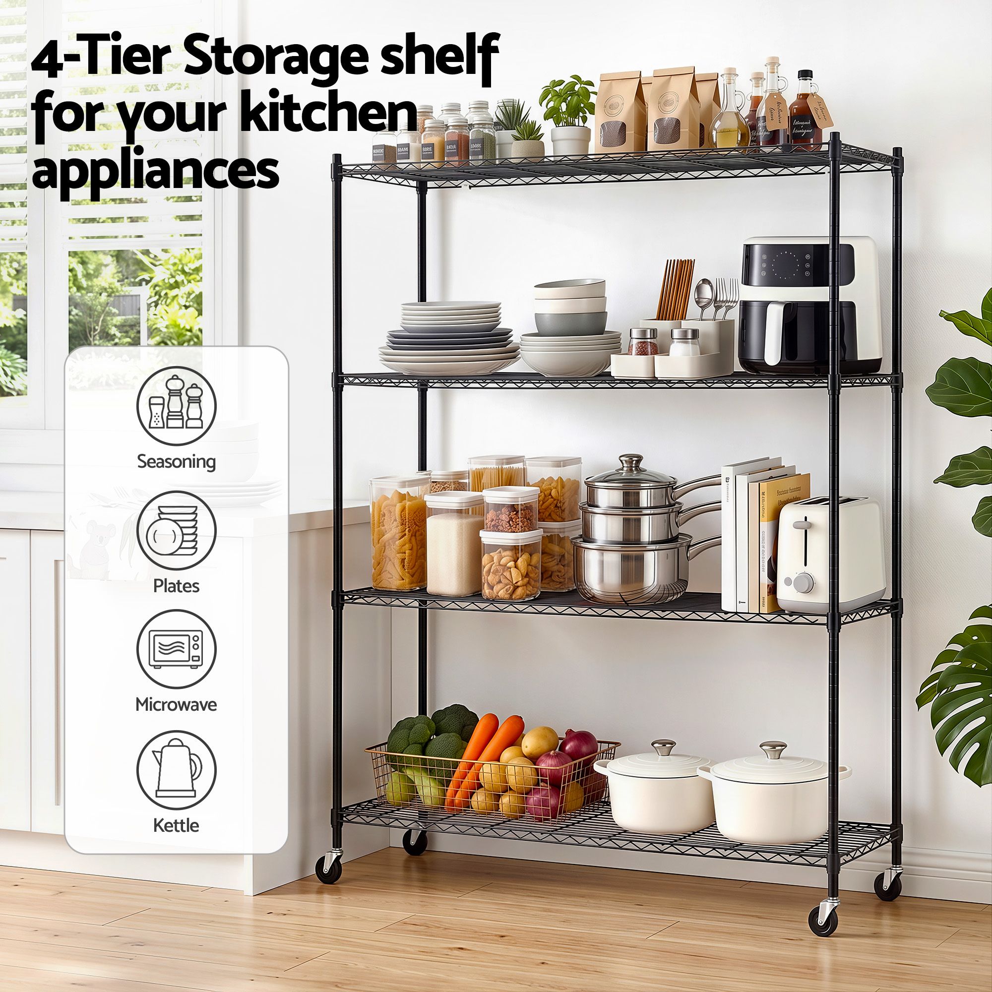 Artiss 4-Tier Kitchen Rack Shelf with Wheels Shelving 152x45x187CM Adjustable Metal Storage Shelves