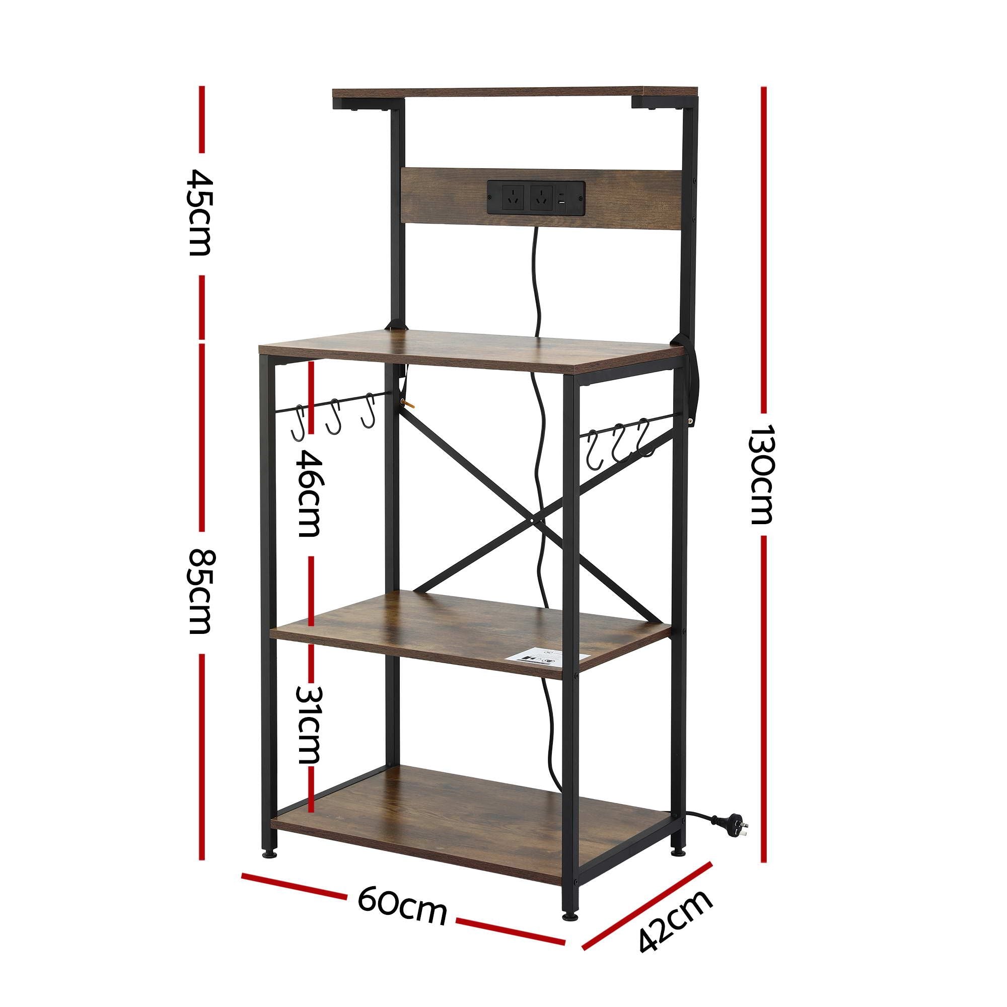 Artiss 4-Tier Kitchen Rack with 2 Power Outlets 6 Hooks Microwave Storage Shelf