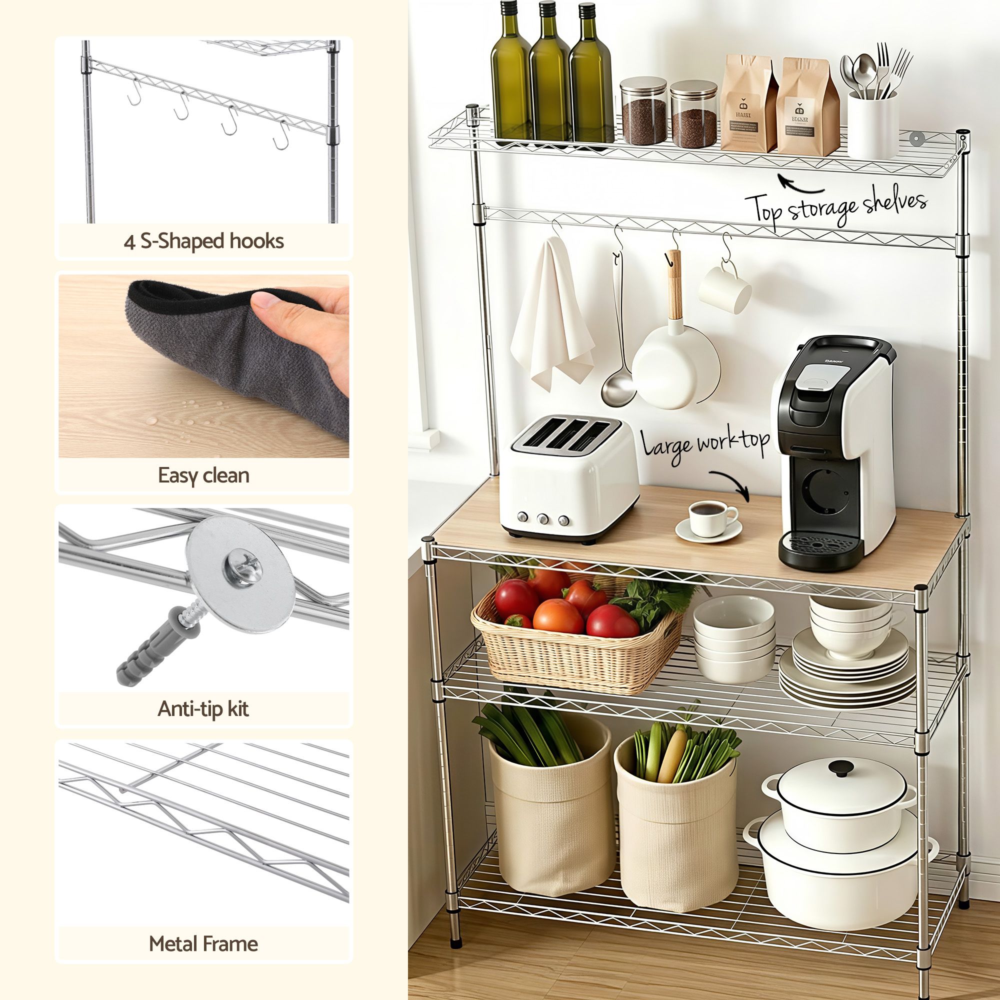 Artiss 4-Tier Metal Kitchen Rack Shelf Silver Storage Shelves Organizer Microwave Stand 90cmx151cm